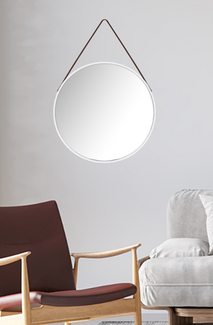 Stellar Round Mirror with Leather Strap - White - Paramount Mirrors and Prints