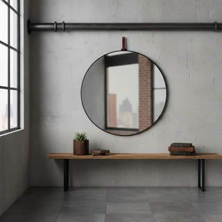 Sleek oval metal-framed mirror above a stylish console table with decorative vase and greenery, adding industrial chic elegance.