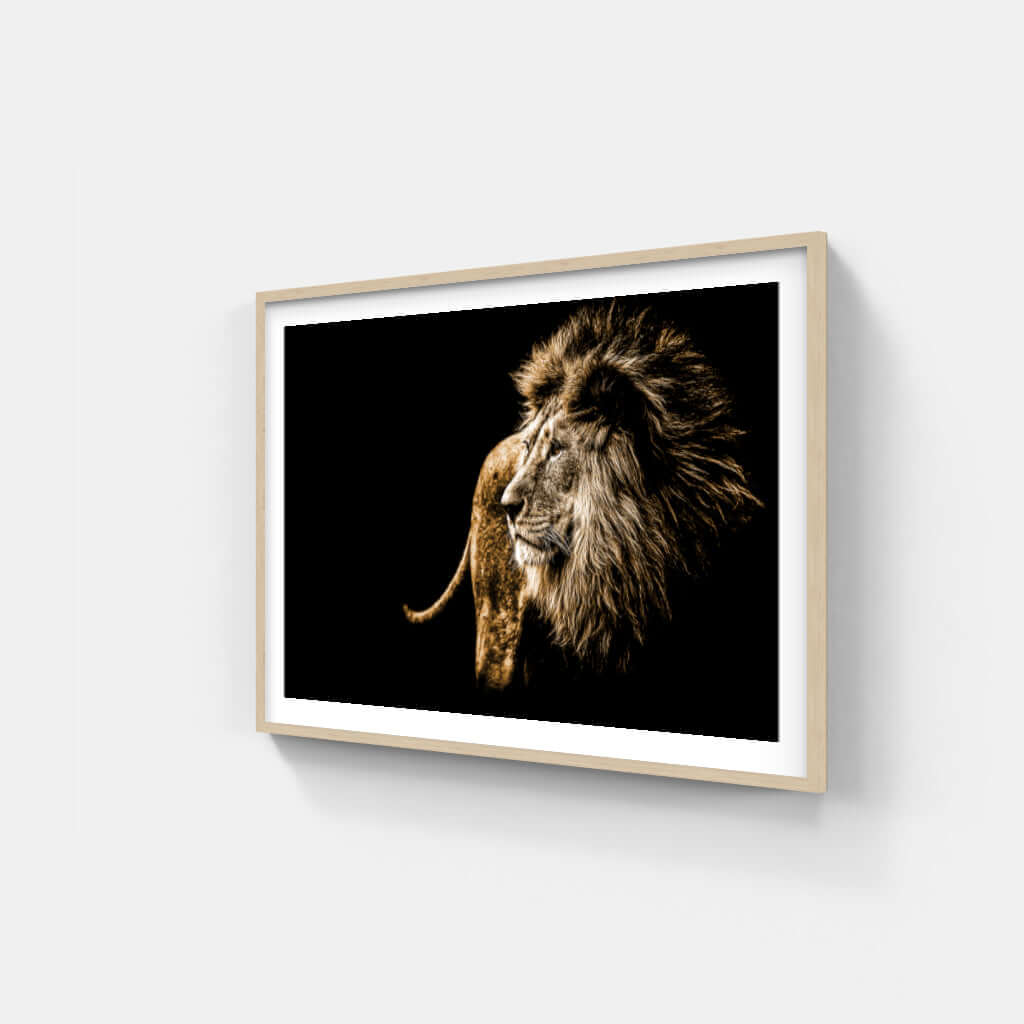 Framed wildlife print of a majestic lion, showcasing African cultural artwork for stylish interior decor.