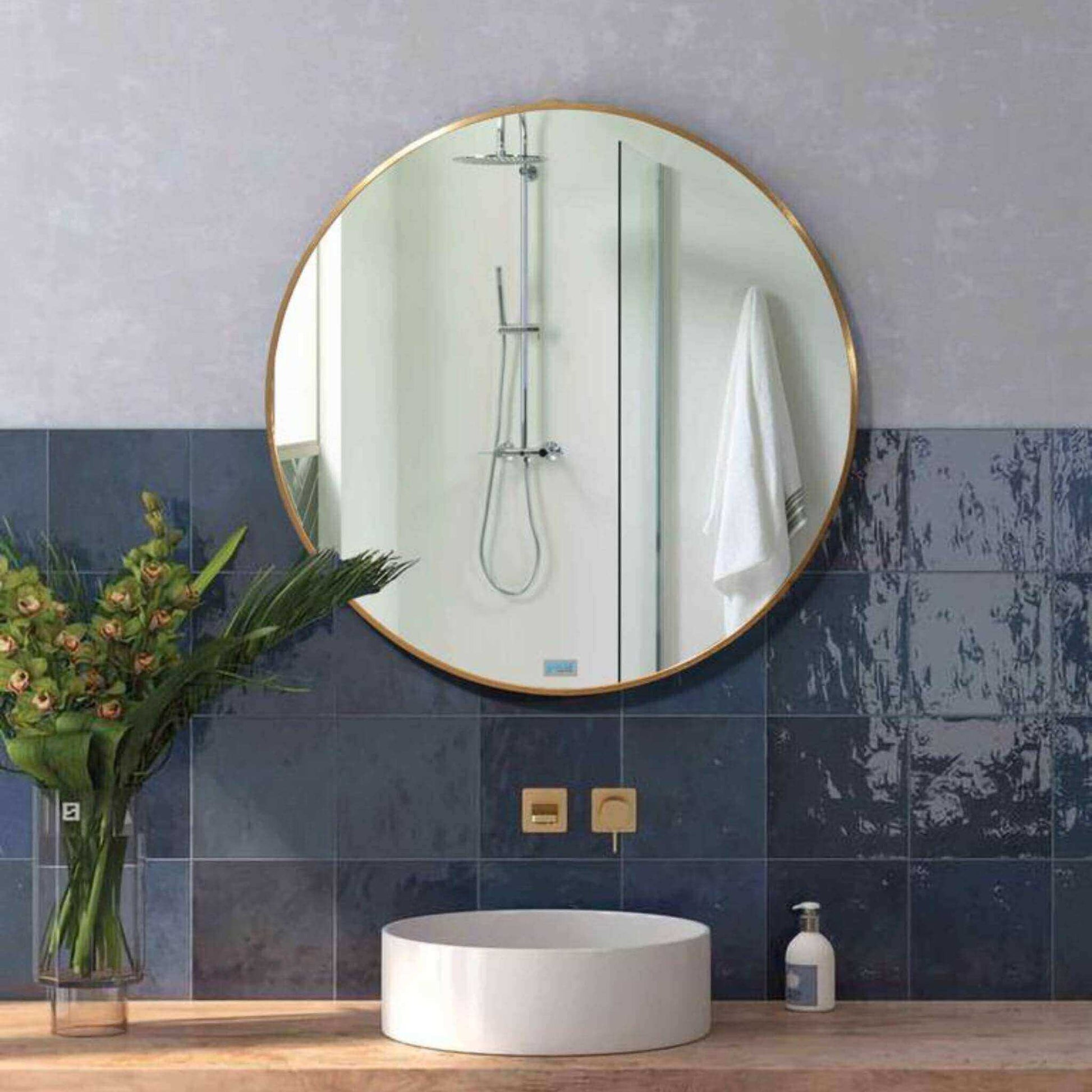 Round Aluminium Mirror Small enhancing modern bathroom design with elegant simplicity and stylish decor.