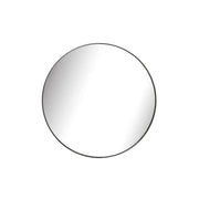 Black metal round wall mirror with an industrial-style frame.