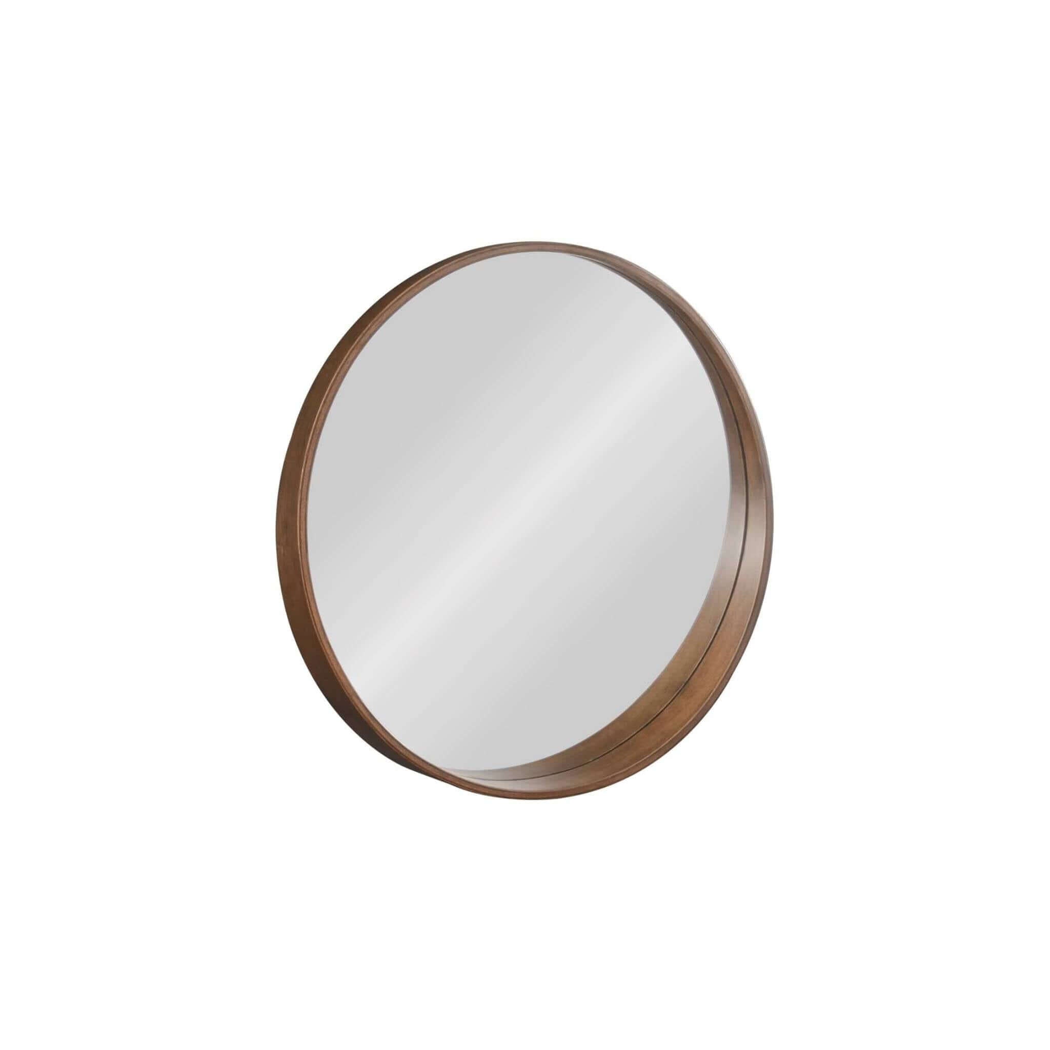 Round Stretched Mirror in rubber wood frame, featuring a tapered design for modern interior decor.