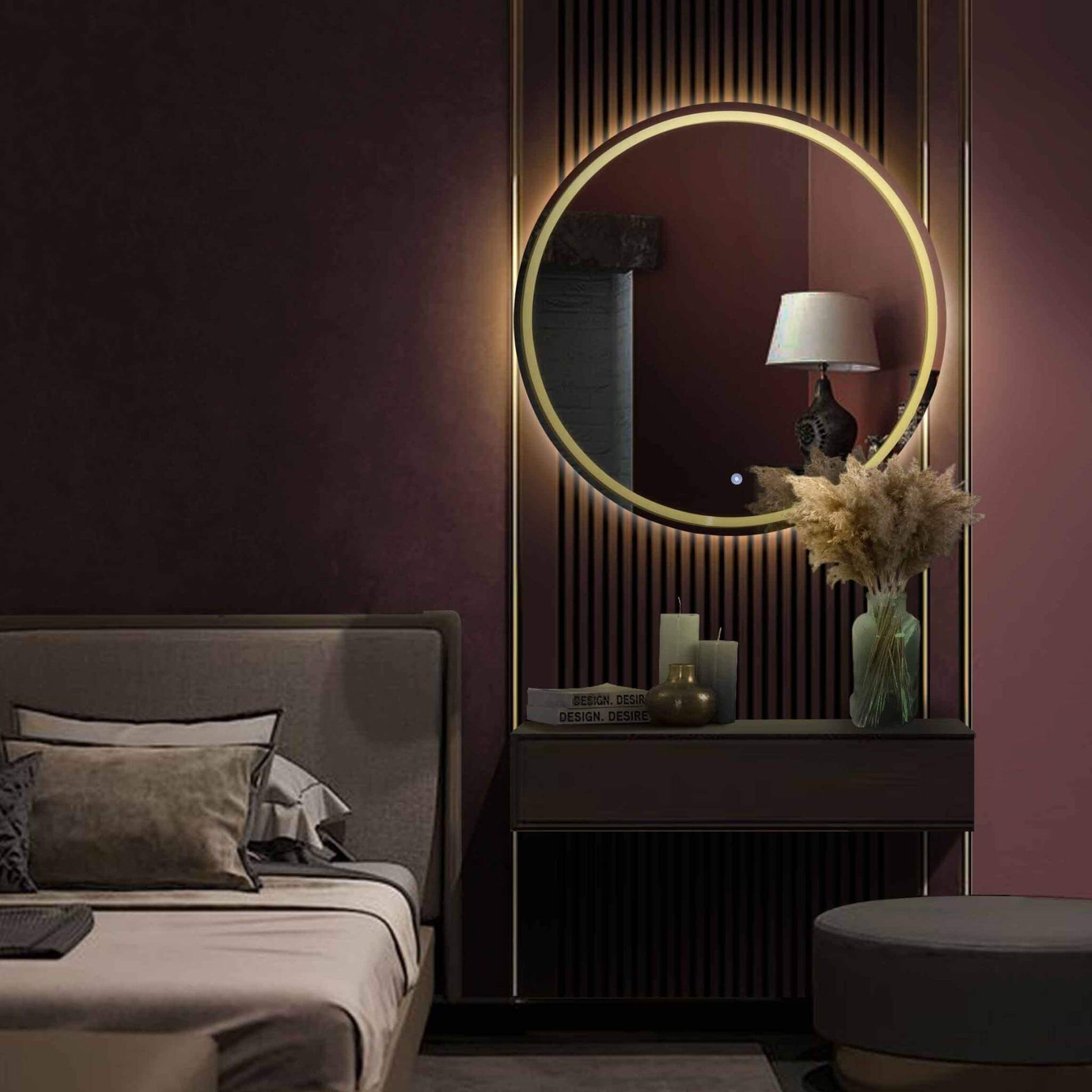 Round Frameless LED Mirror in a modern bedroom, highlighting elegant design and adjustable lighting features.