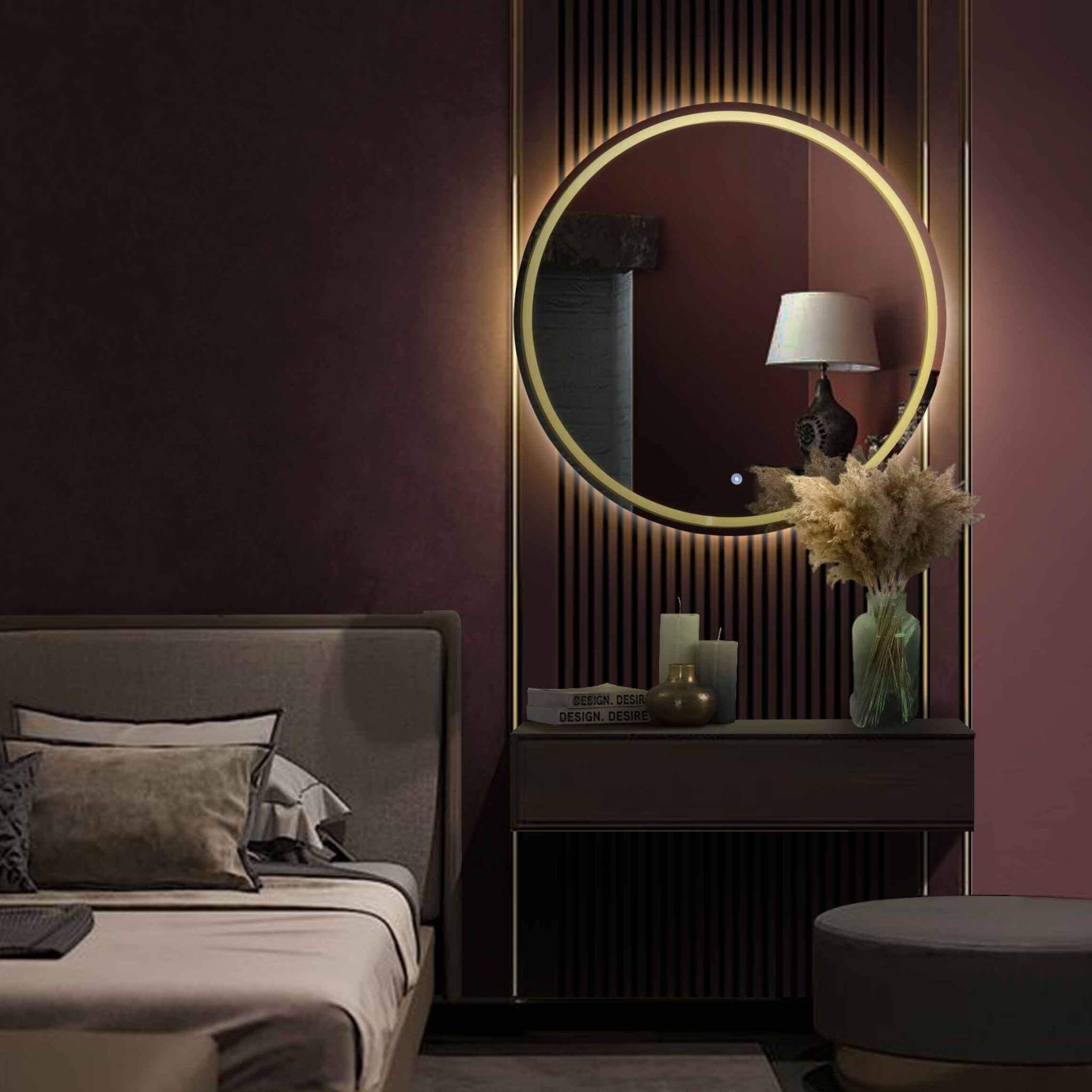 Round Frameless LED Mirror in a modern bedroom, highlighting elegant design and adjustable lighting features.