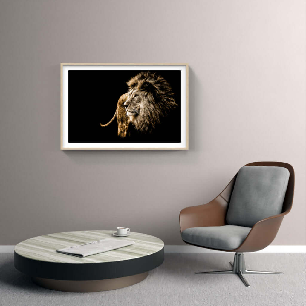 Framed wildlife print of a lion in stylish interior with modern decor, showcasing African cultural art.