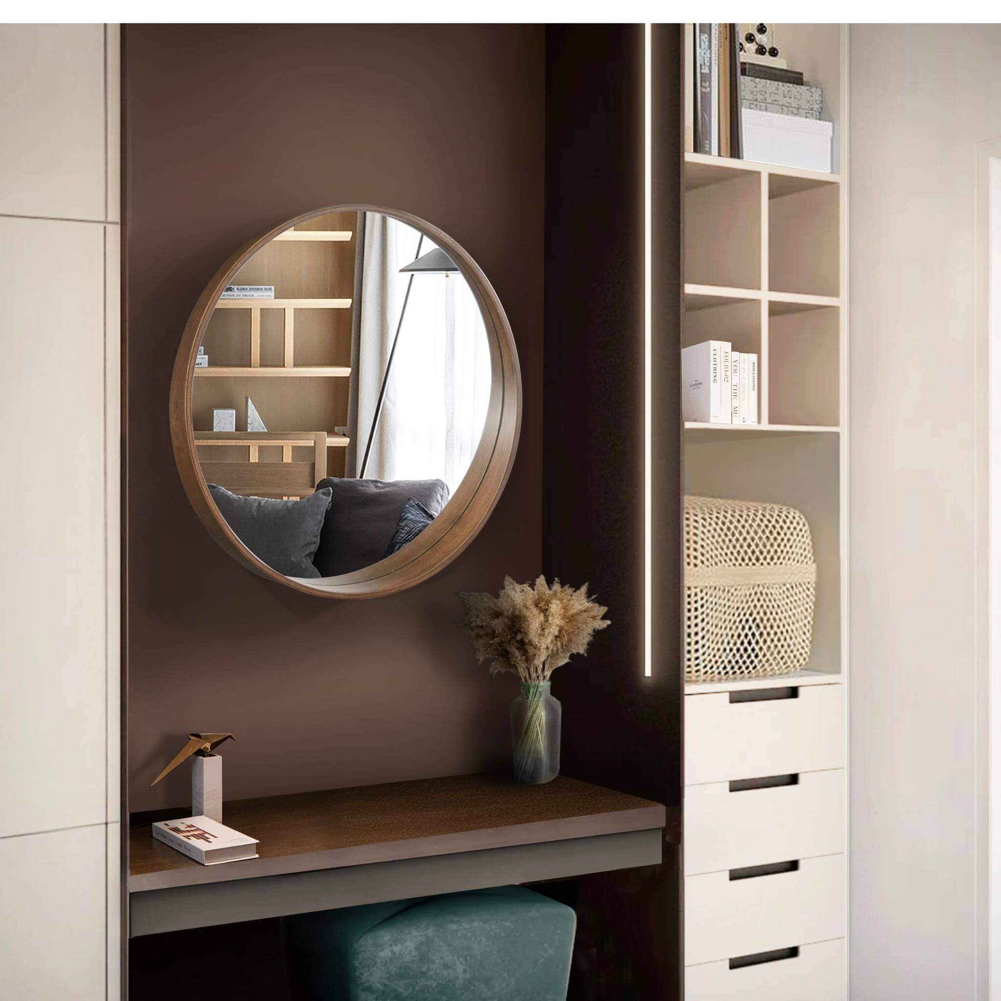 Round Stretched Mirror in a modern interior with a wood frame, enhancing stylish decor and ambiance.