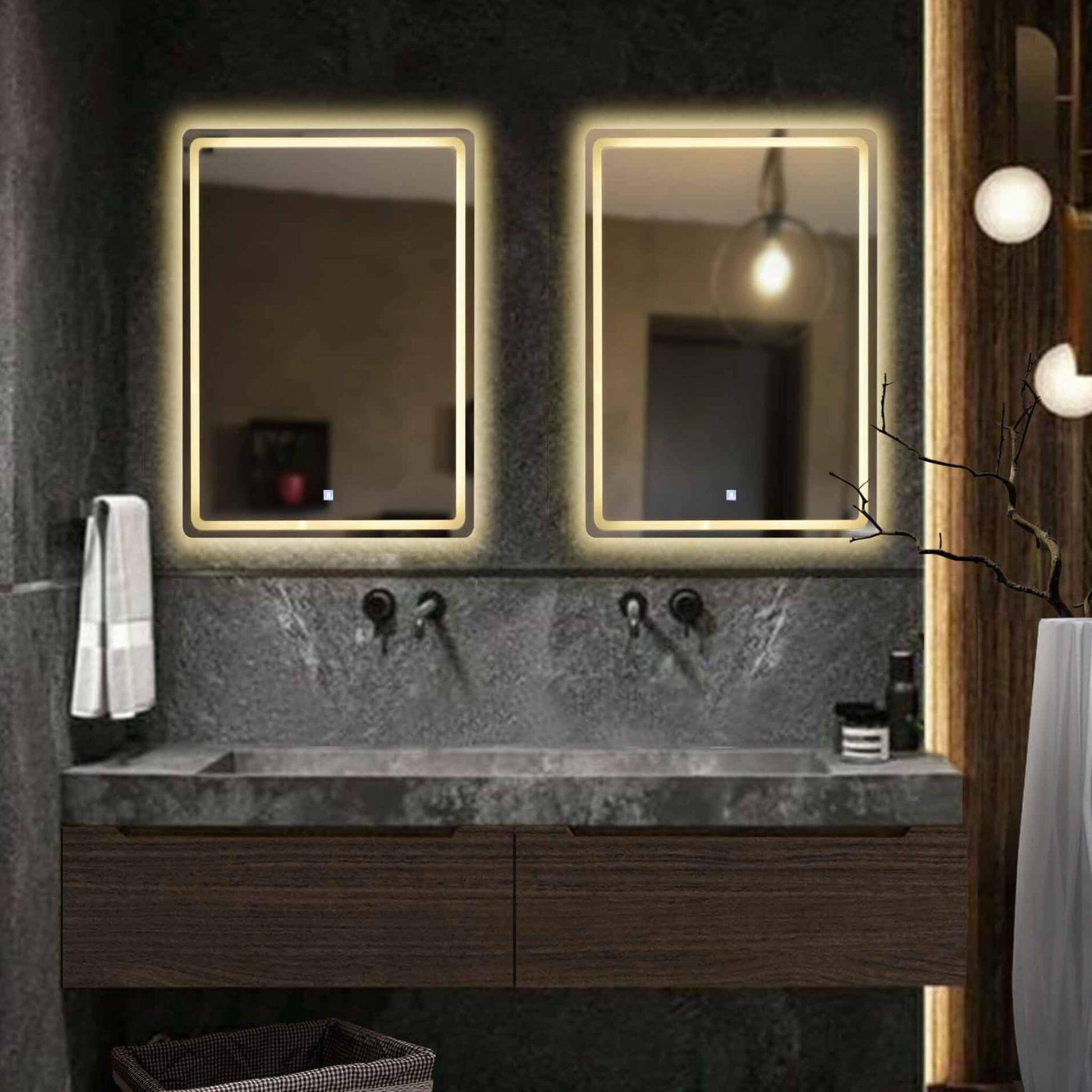 Two rectangle frameless LED mirrors in a stylish modern bathroom with marble sink and contemporary decor.