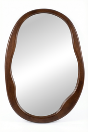 Oval irregular wall mirror with a dark walnut wood frame.
