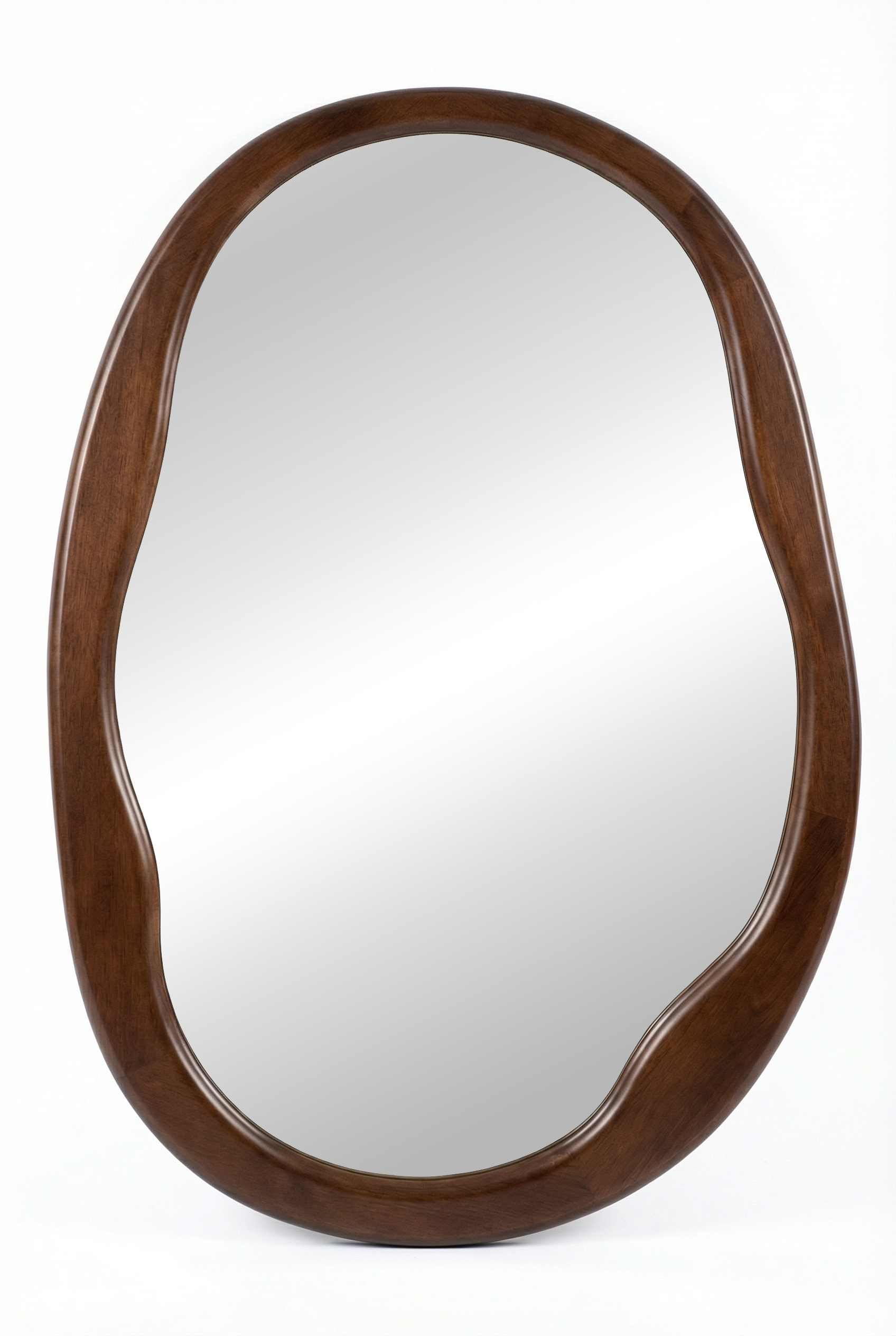 Oval irregular wall mirror with a dark walnut wood frame.