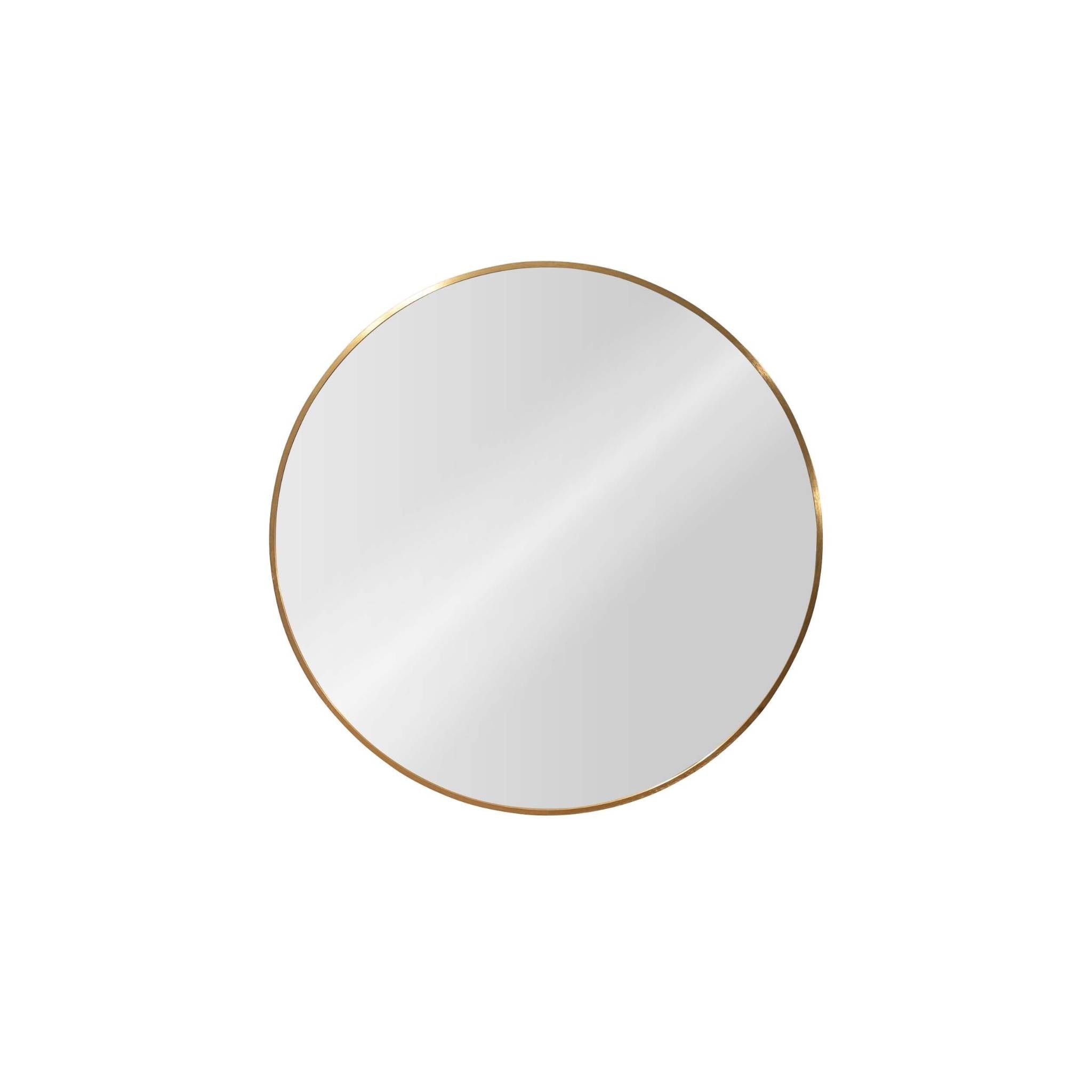 Small round aluminium mirror with a sleek gold frame, perfect for modern elegance in home decor.