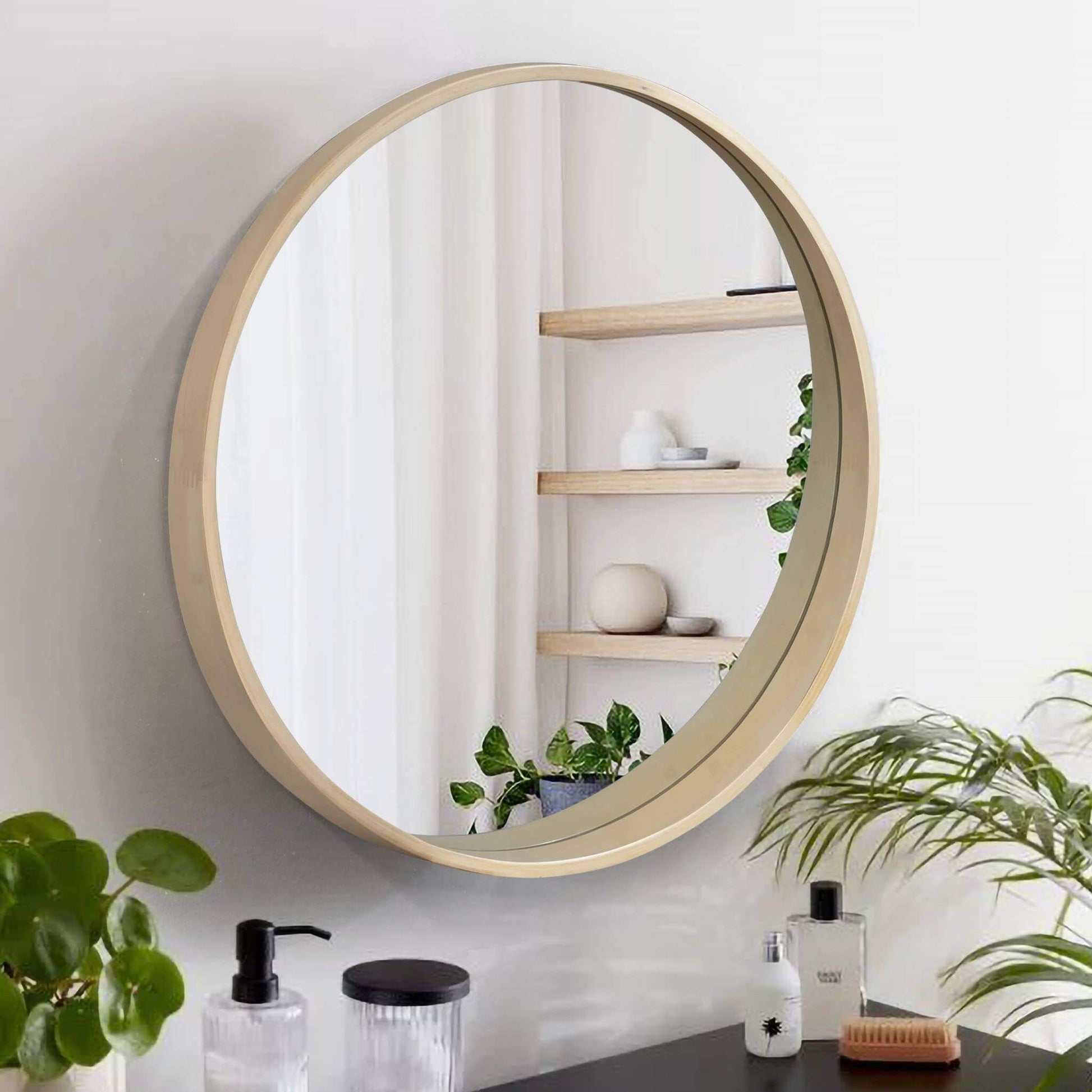 Round Stretched Mirror in a sleek rubber wood frame, enhancing modern interior decor with stylish depth.