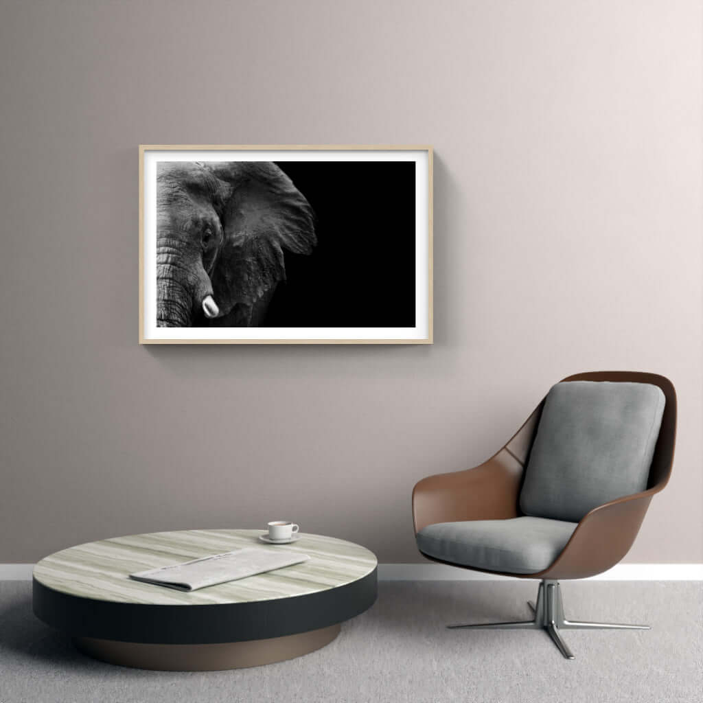 Stunning framed elephant face print on modern wall, enhancing interior with African wildlife artistry.