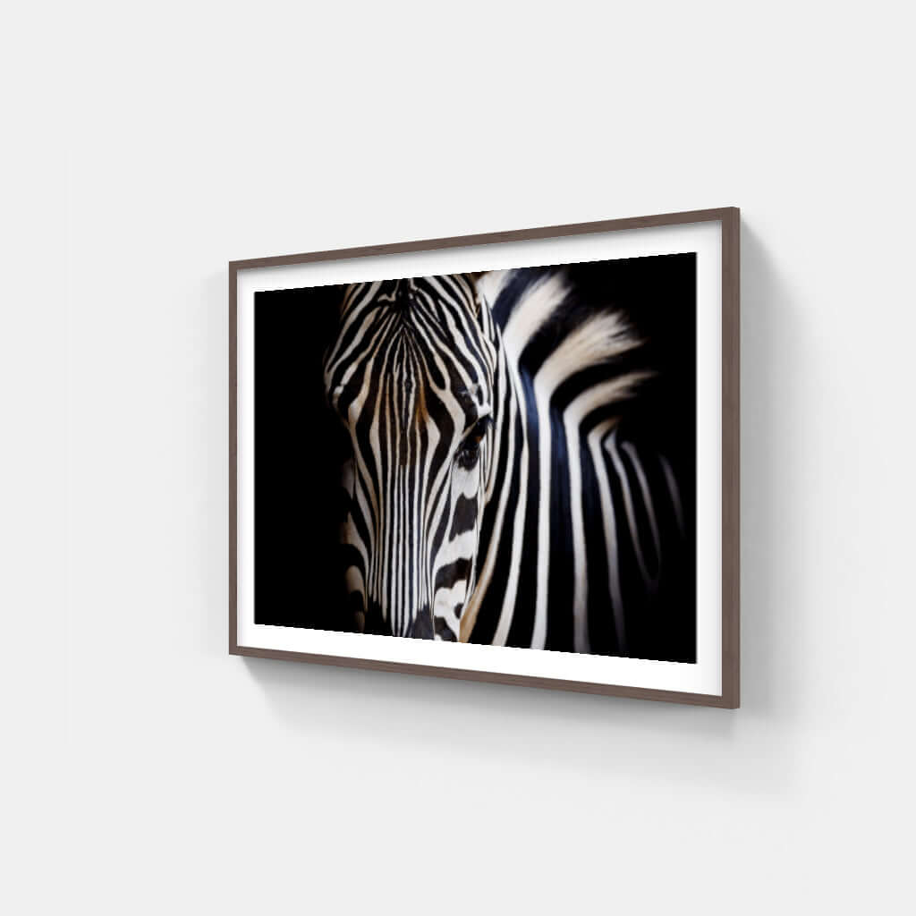 Framed wildlife print featuring a striking close-up of a zebra, ready to hang for elegant home decor.