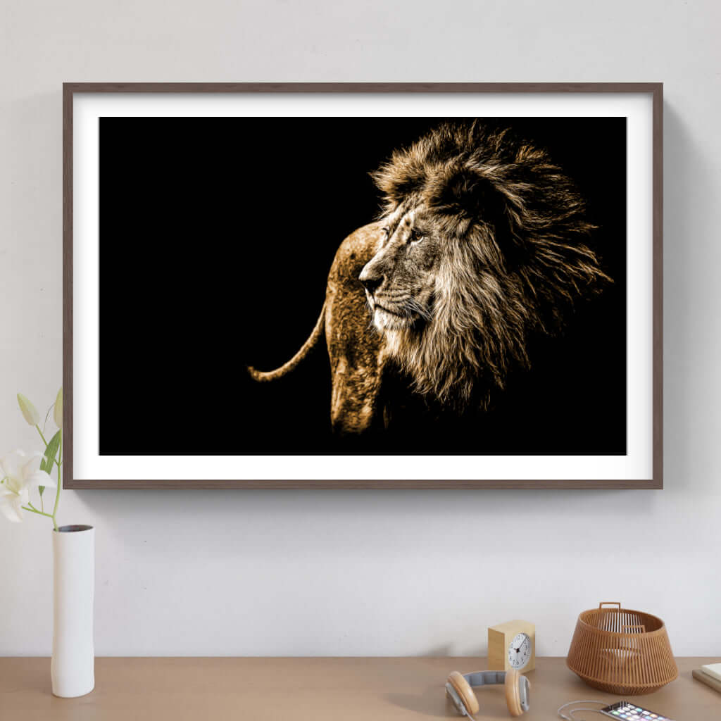 Framed lion artwork showcasing the majestic beauty of African wildlife in a premium quality print.