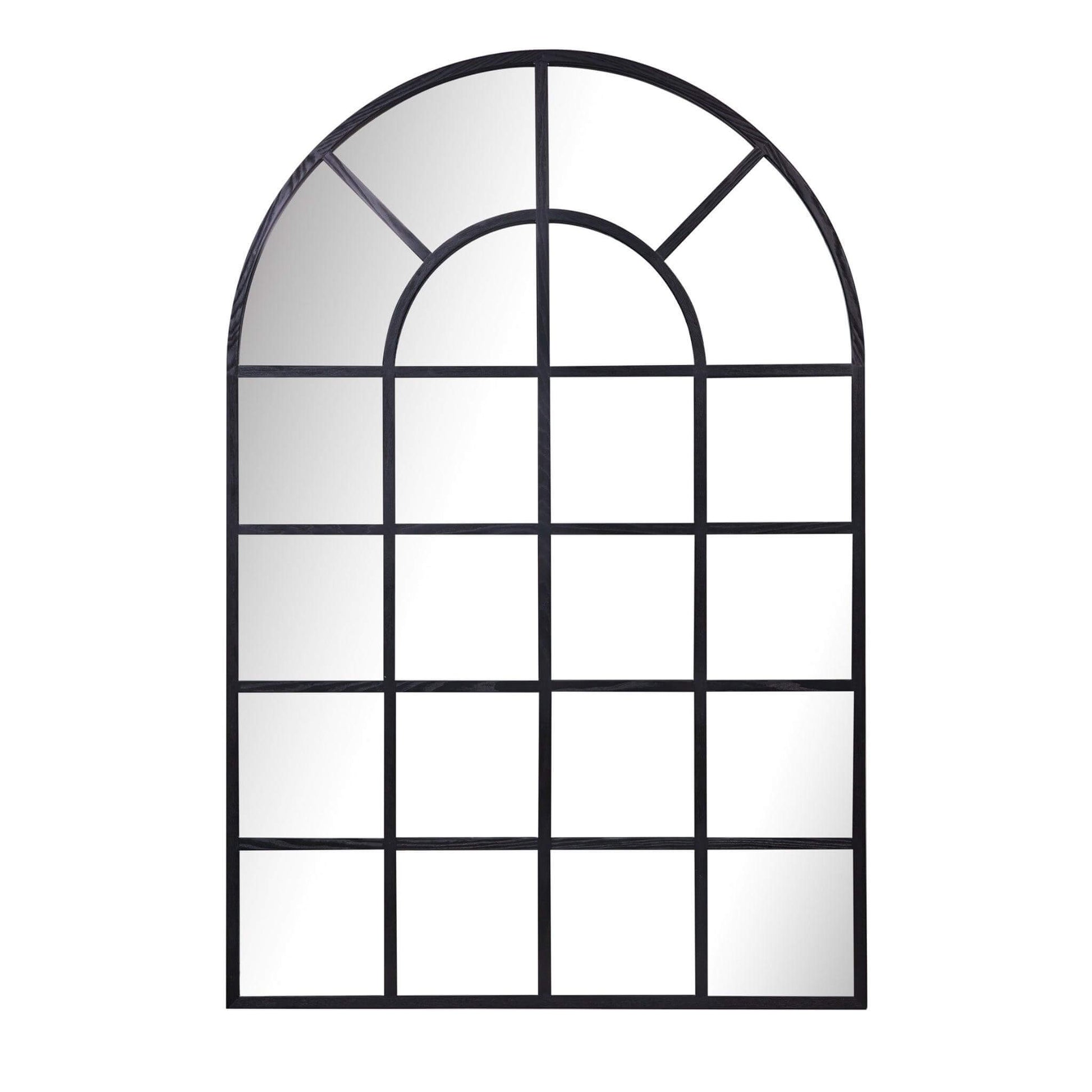 Large arch mirror with a wood-styled resin frame and elegant window panel design.