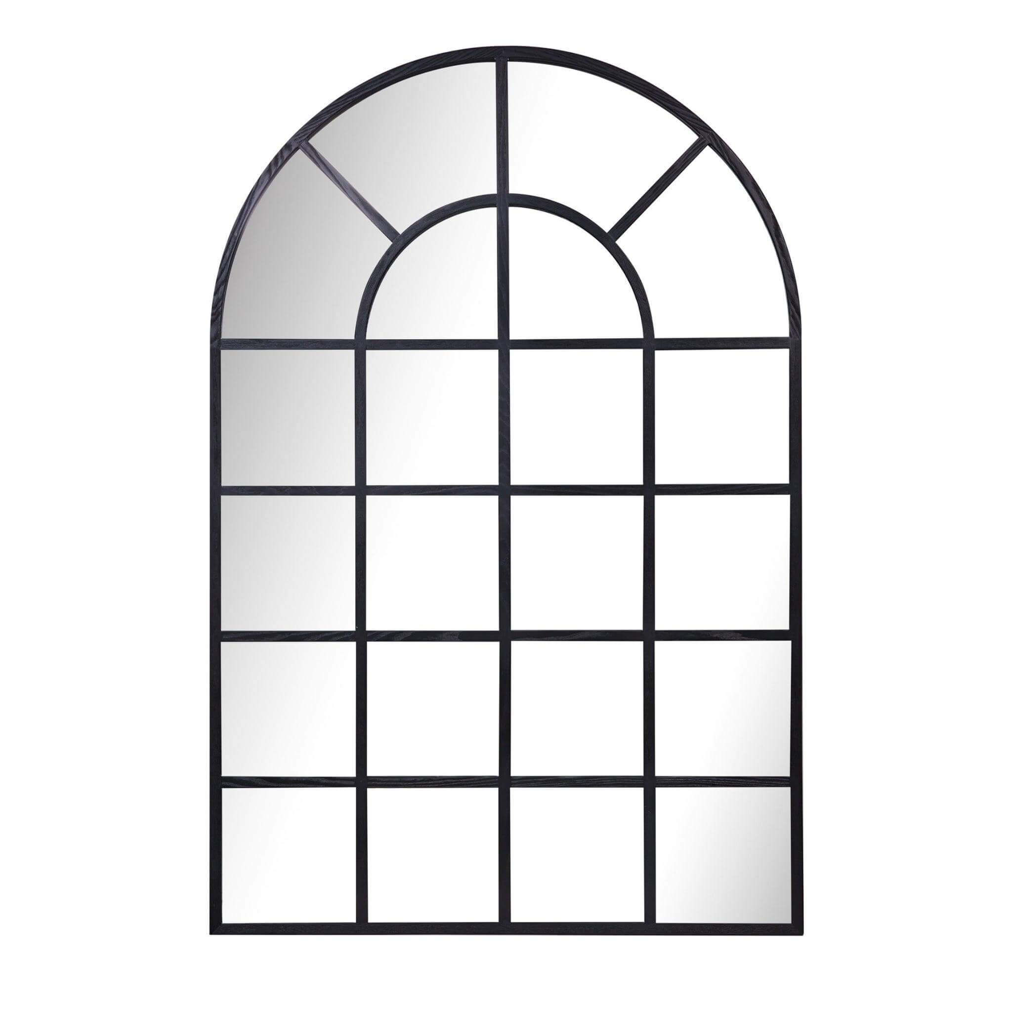 Large arch mirror with a wood-styled resin frame and elegant window panel design.