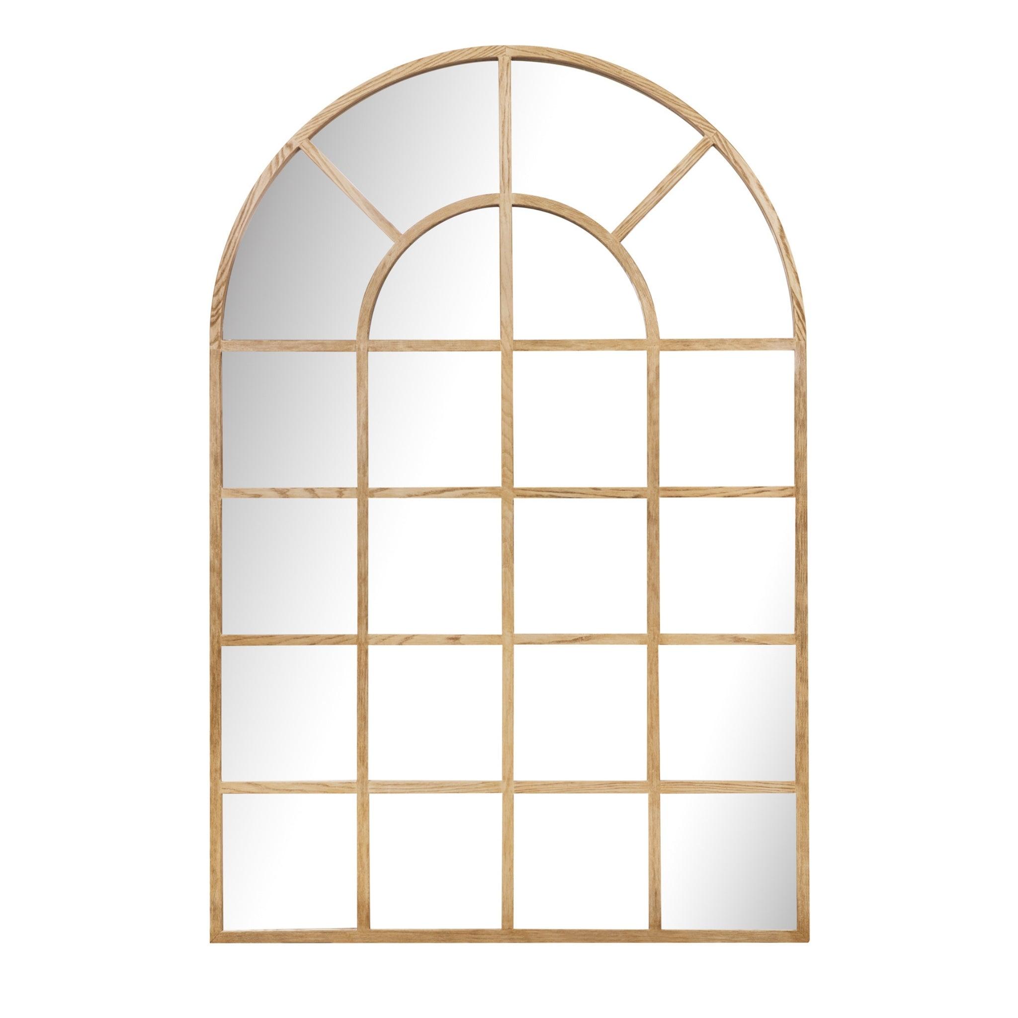 Large arch mirror with wood-styled resin frame and window panel design, 1800mm x 1200mm for stylish home decor.