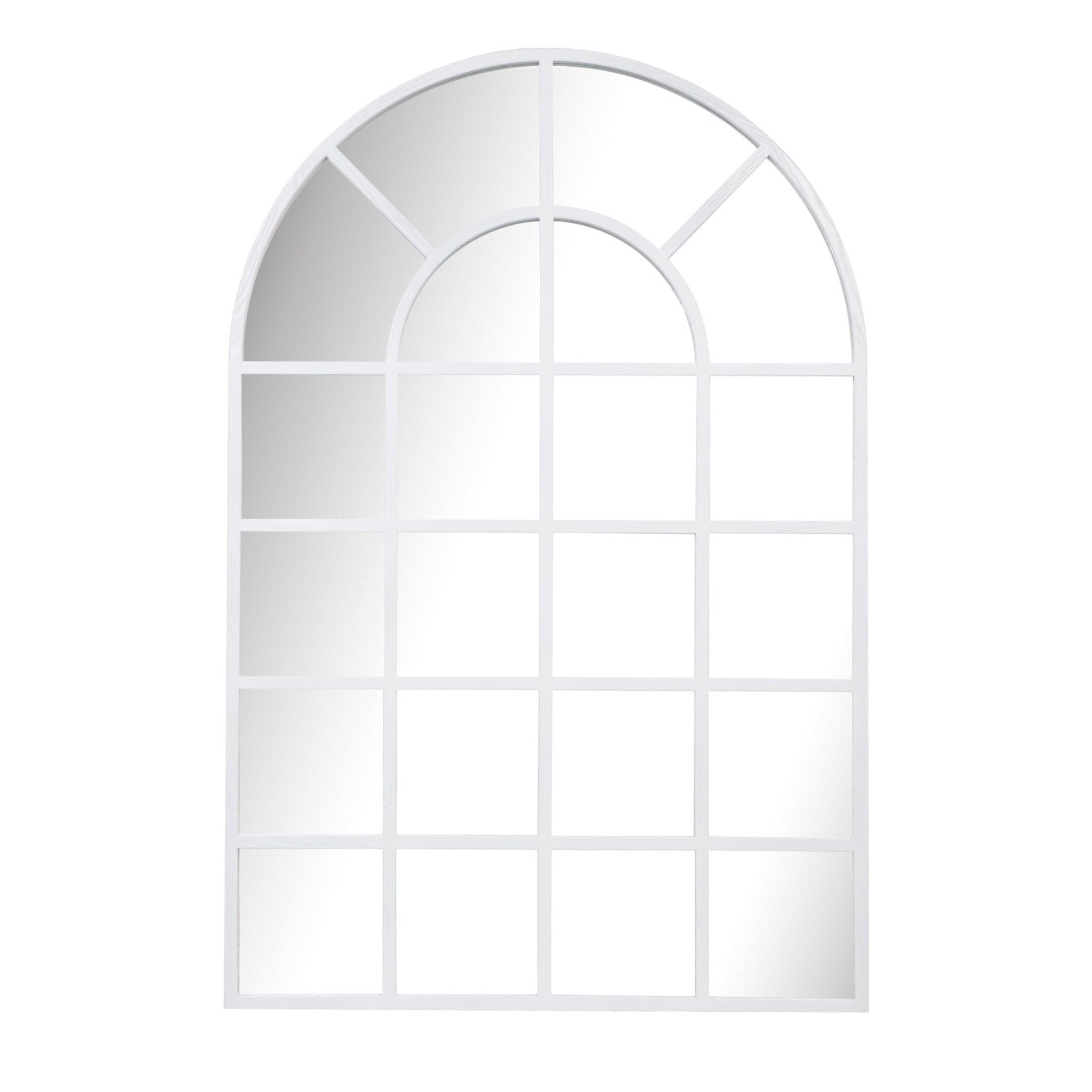 Large arch mirror with wood-styled resin frame and window panel design, perfect for home decor.