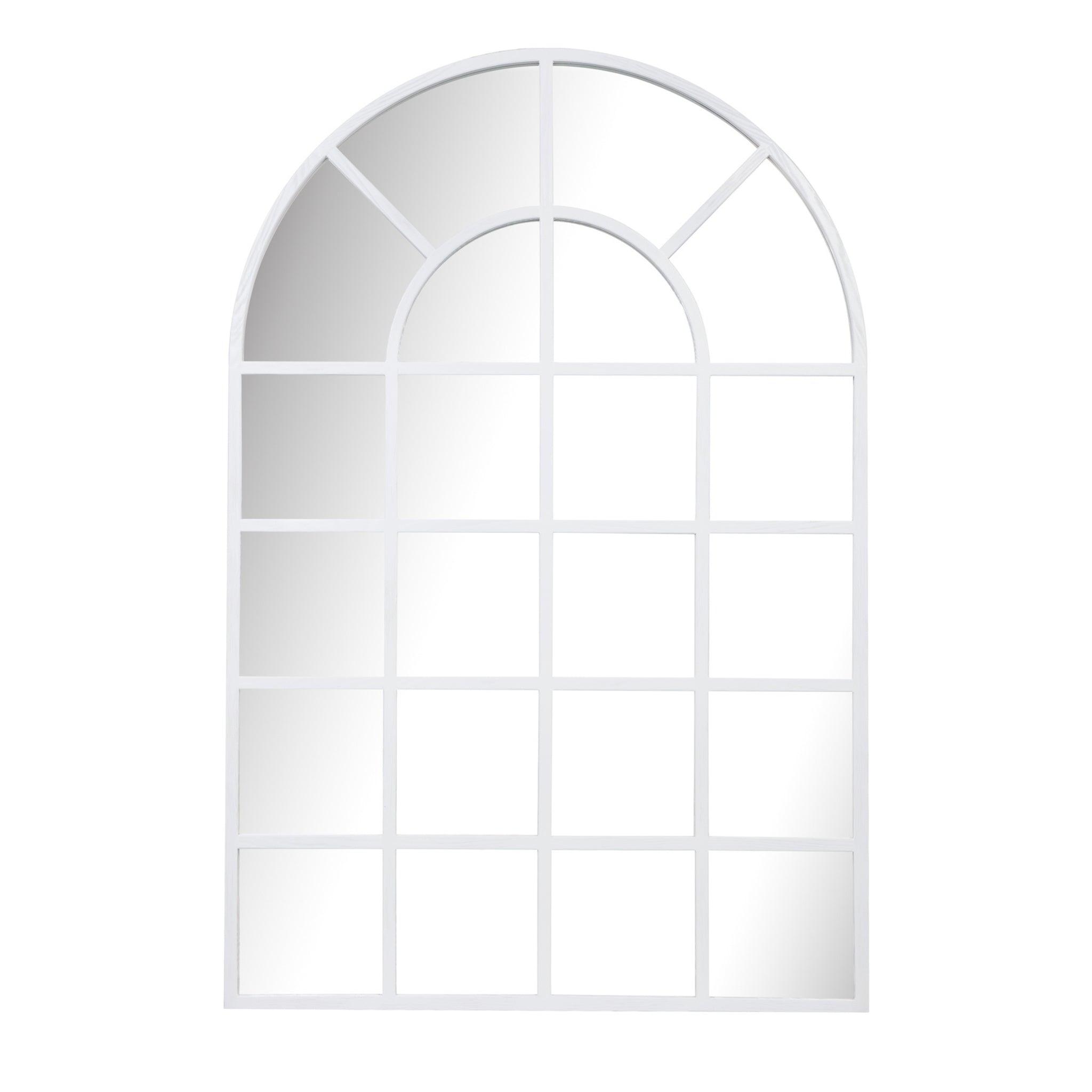 Large arch mirror with wood-styled resin frame and window panel design, perfect for home decor.