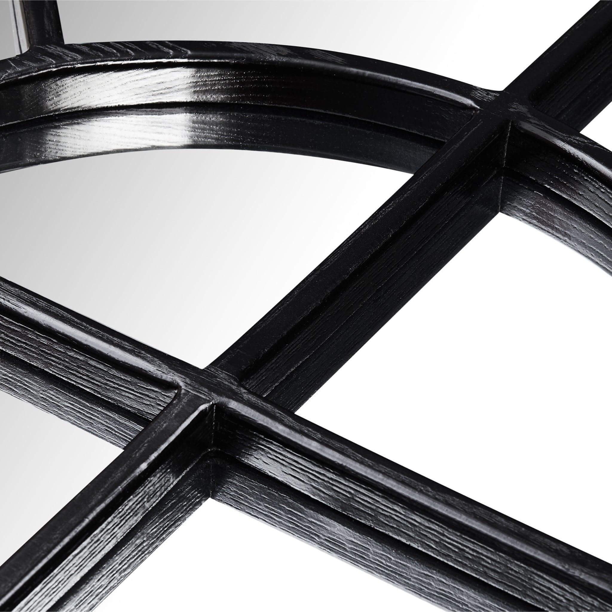 Close-up of the Arch Mirror's wood-styled resin frame featuring a distinctive arched design and windowpane layout.