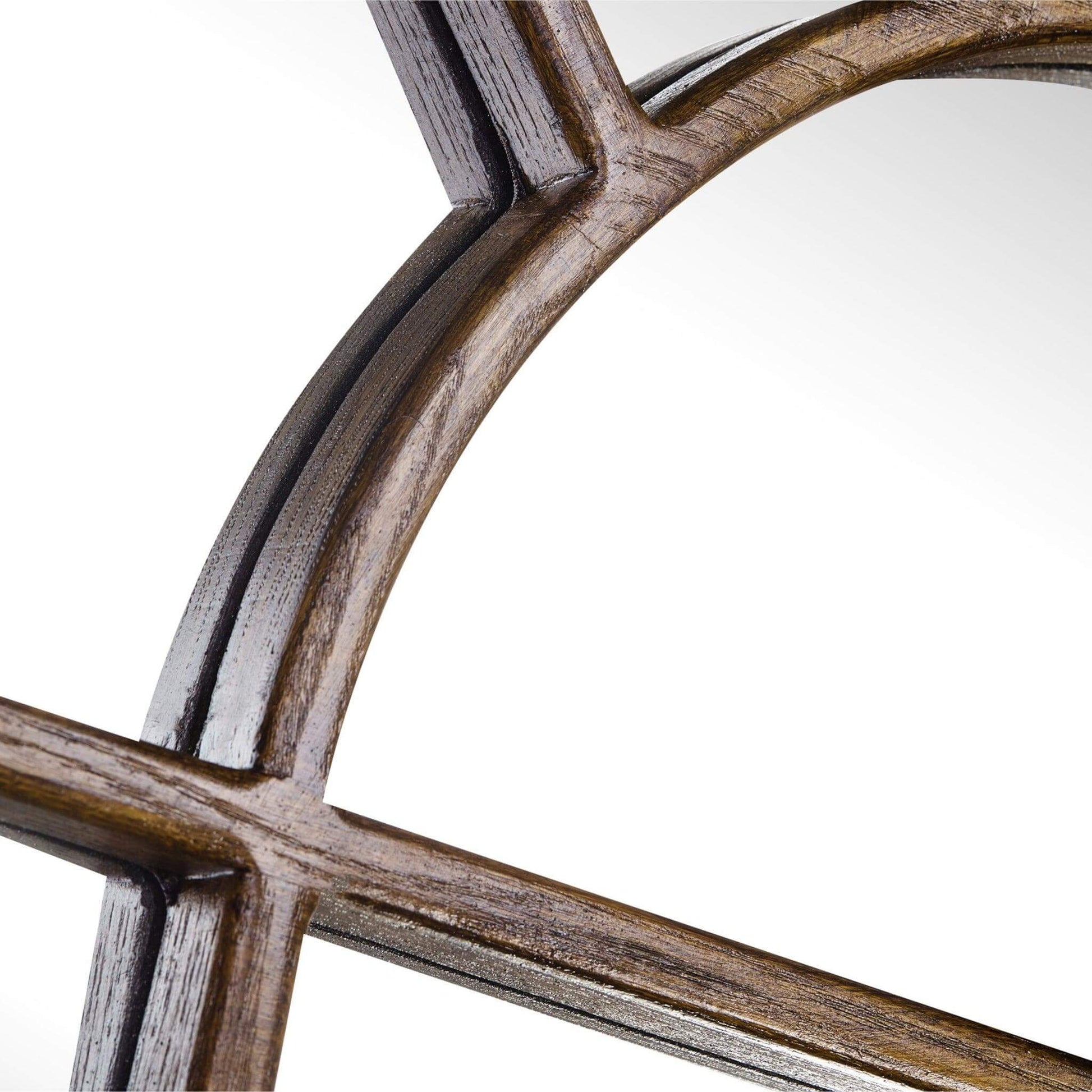 Close-up of the Arch Mirror's wood-styled resin frame with arched top and windowpane design.