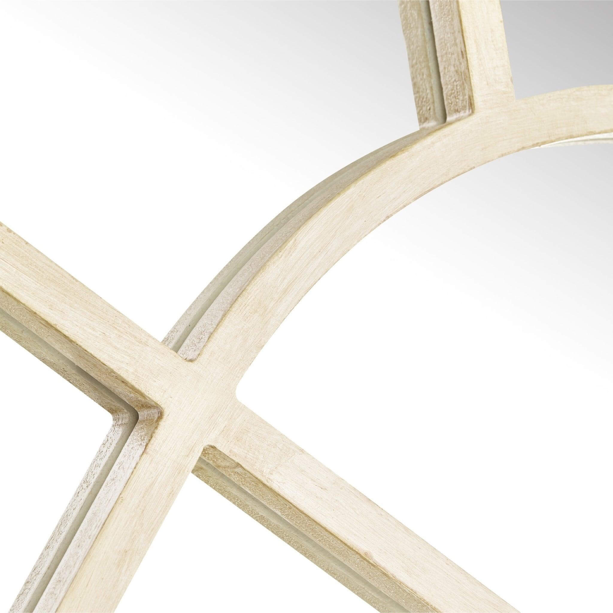 Close-up of the Arch Mirror's wood-styled frame, showcasing its elegant arched design and windowpane layout.