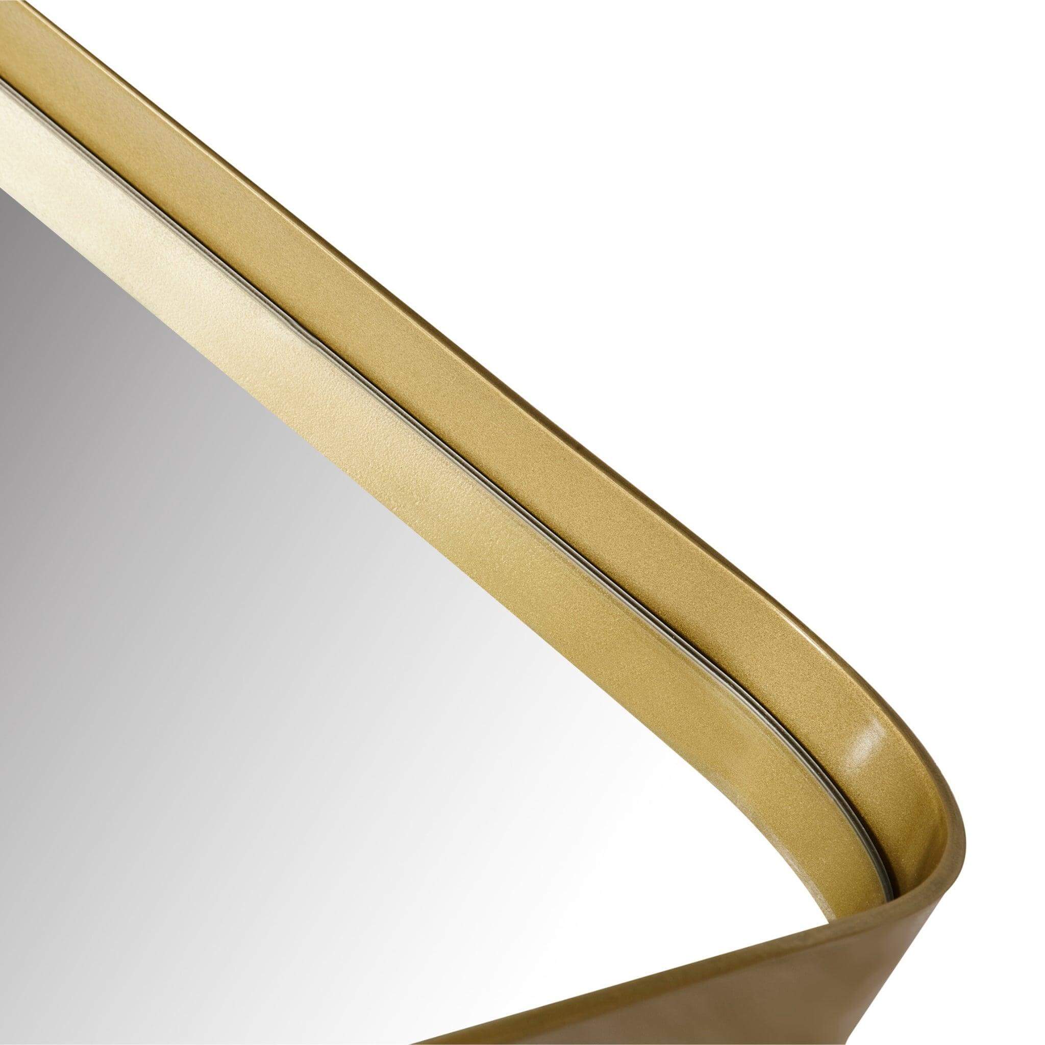 Close-up of the Cosmic Mirror's large metal frame with softly curved edges in a contemporary design.