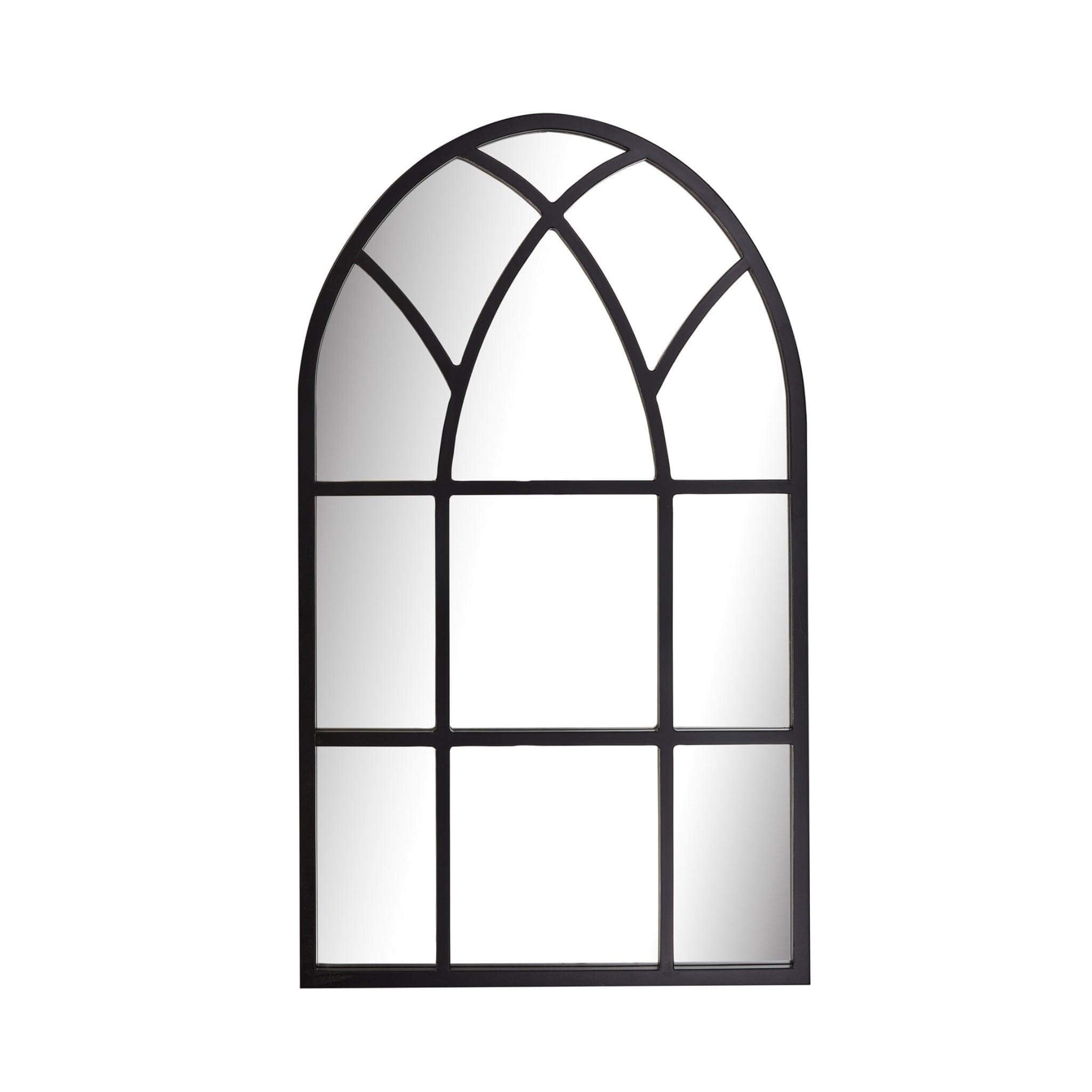 Crystal Arch Mirror with a wooden-styled frame, showcasing a cathedral-inspired design, ideal for modern decor.
