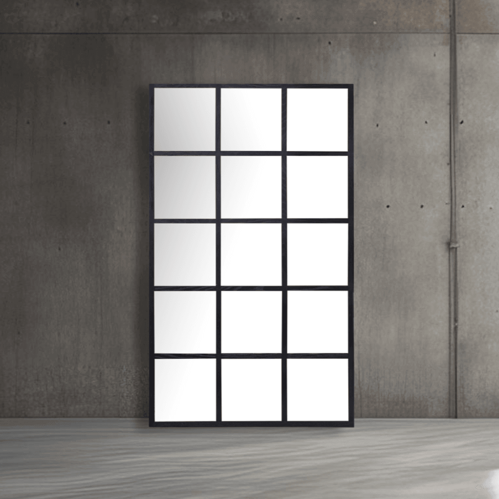 Large Dutch mirror featuring a sleek wood-styled resin frame and window panel design against a concrete wall.