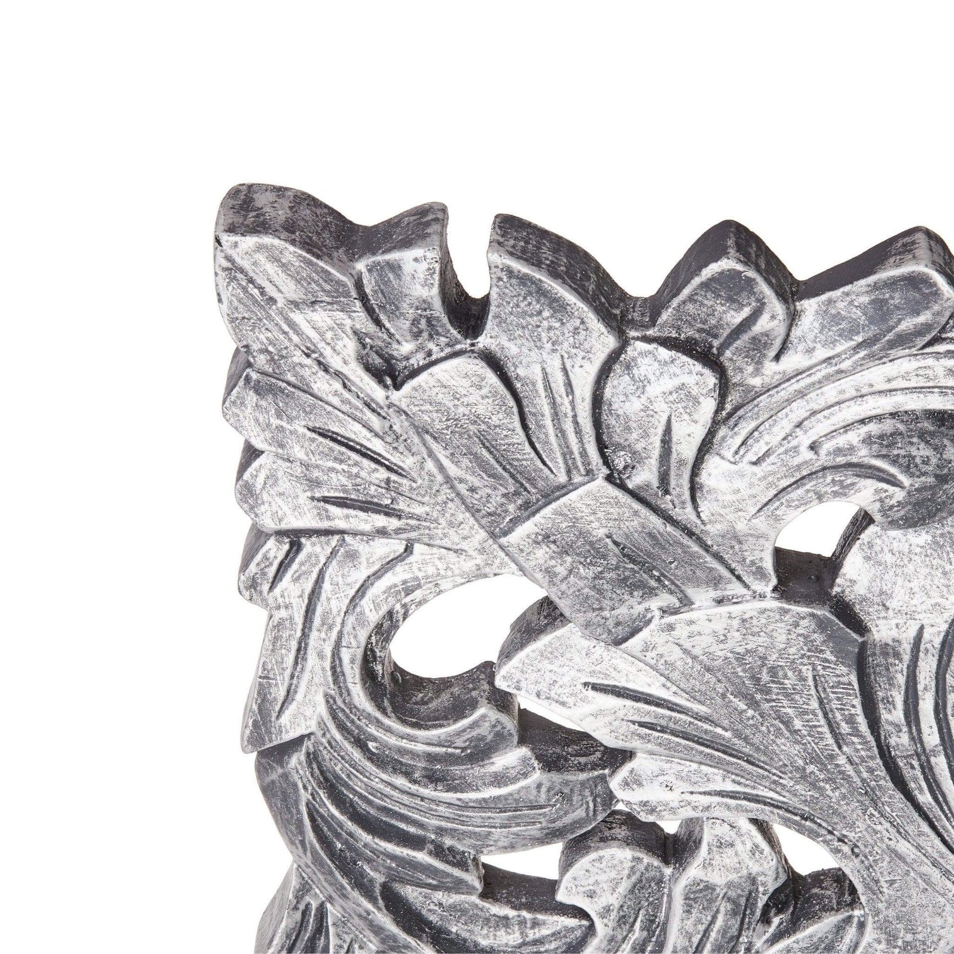Close-up of ornate metal-styled resin frame detail of Envy Mirror in silver finish, showcasing classic French design.
