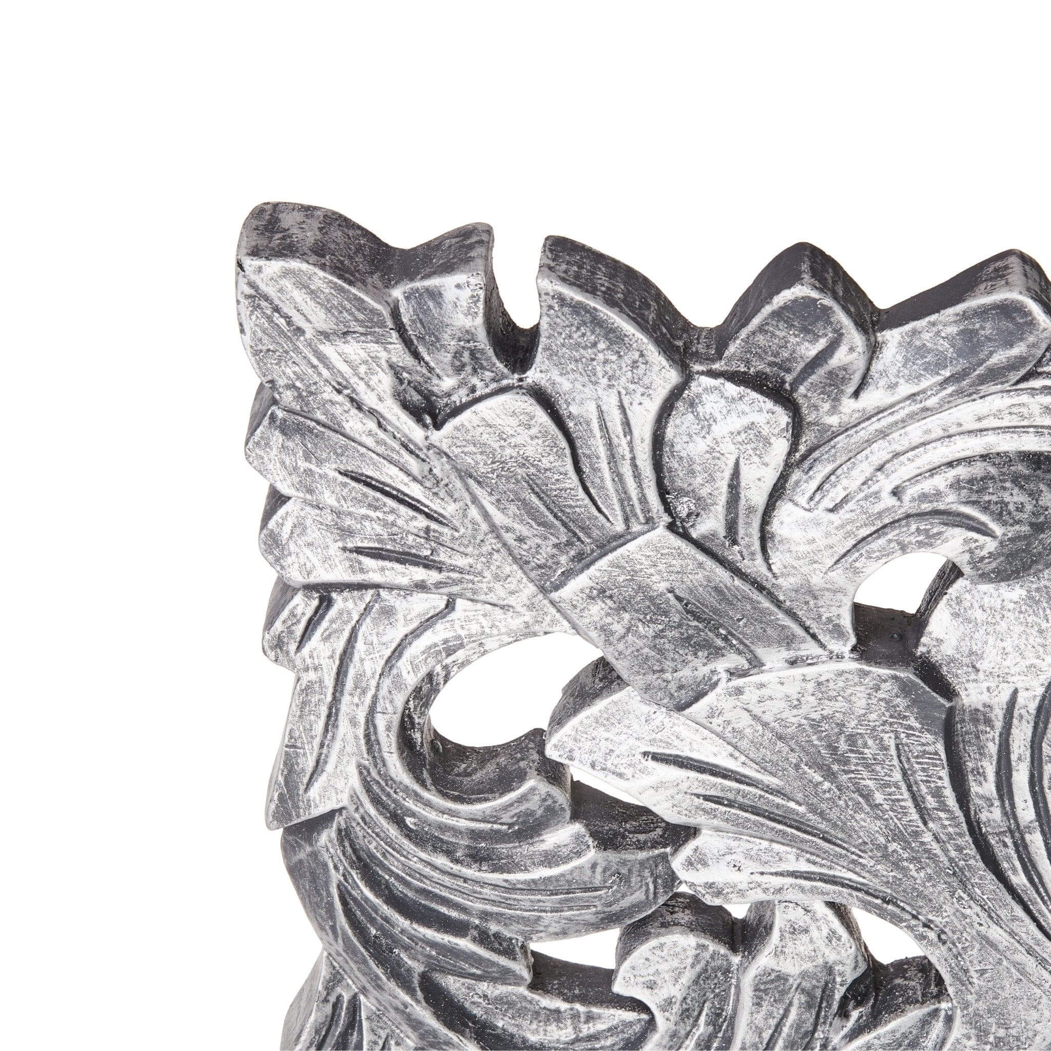 Close-up of ornate metal-styled resin frame detail of Envy Mirror in silver finish, showcasing classic French design.