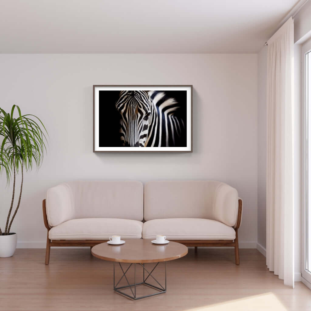 Framed zebra wildlife print in modern living room, showcasing African art and interior decor elegance.
