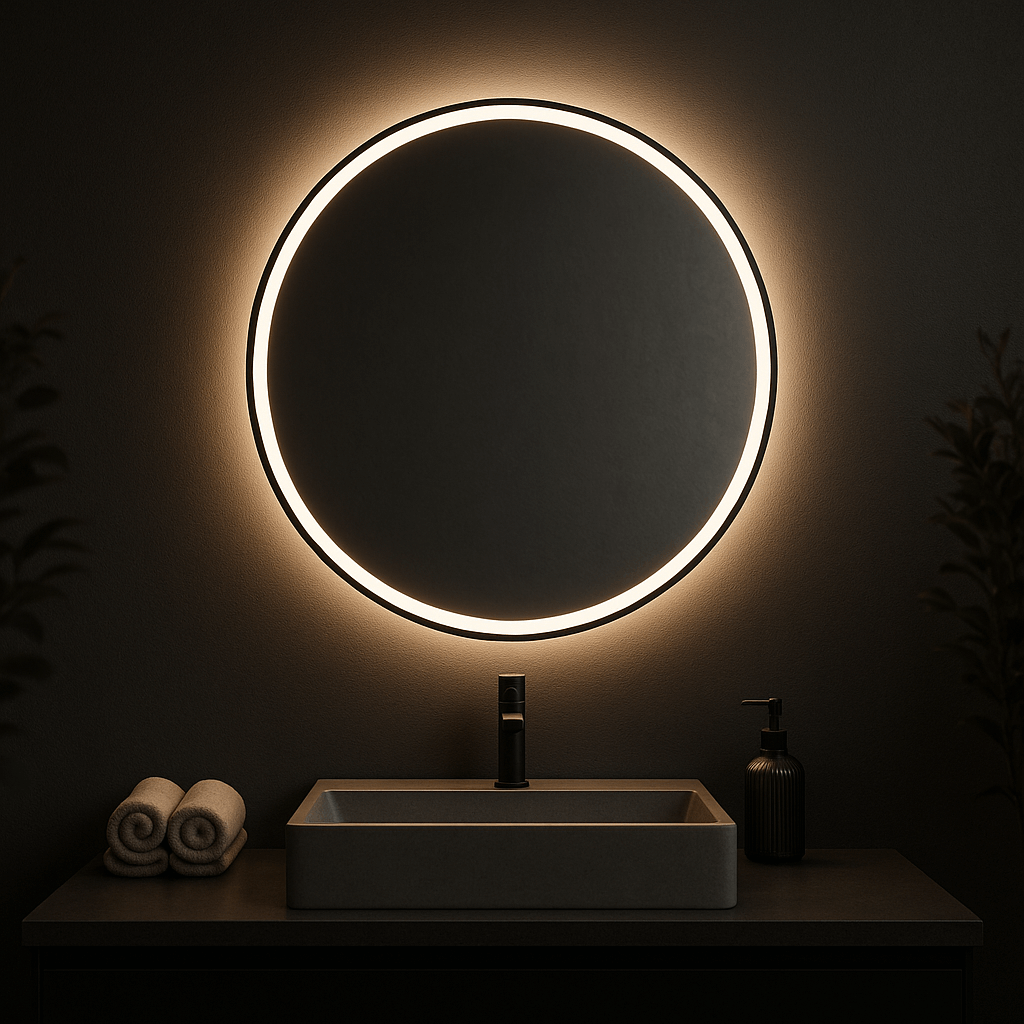 Round frameless LED mirror with soft backlit glow above modern sink in elegant bathroom.
