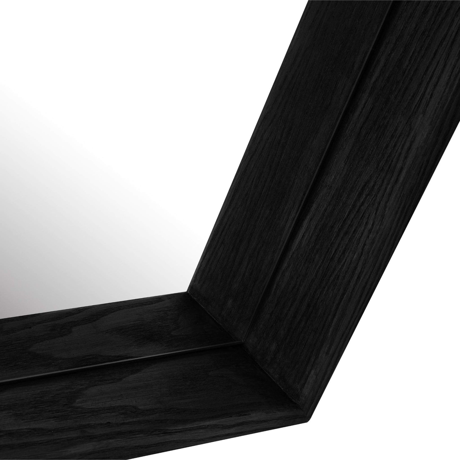 Close-up of the Jupiter Mirror featuring a sleek, black wood-styled resin frame and modern minimalist design.
