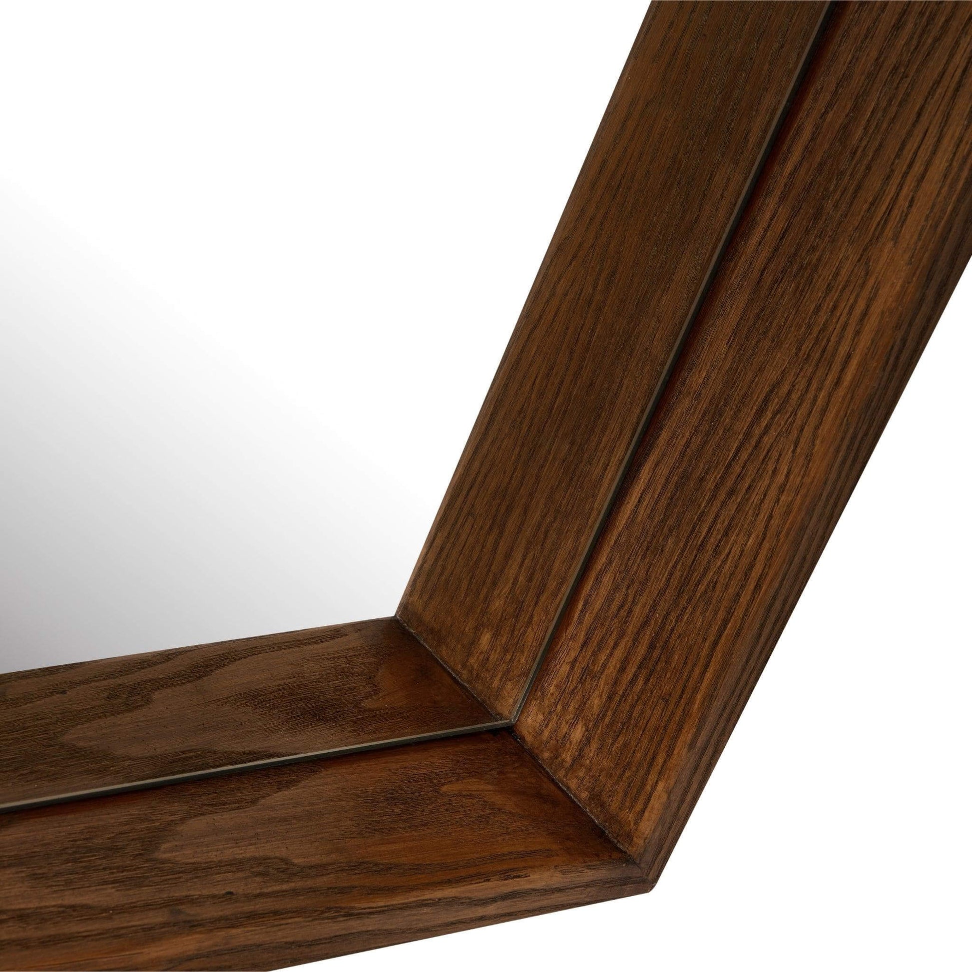 Close-up of Jupiter Mirror's wood-styled resin frame in a rich brown finish, showcasing modern elegance.