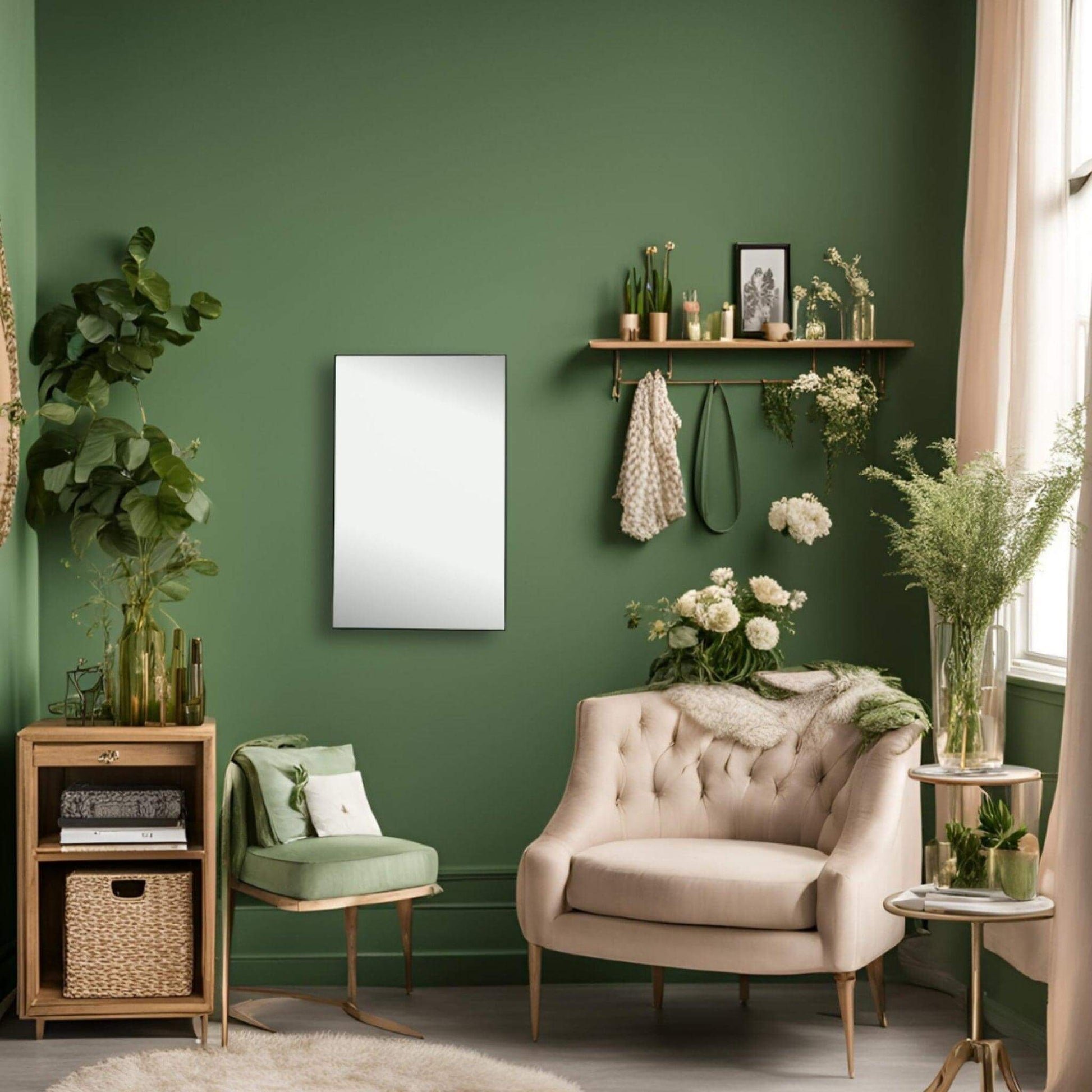 Medium metal framed mirror in a stylish green living room with plants and modern furniture.