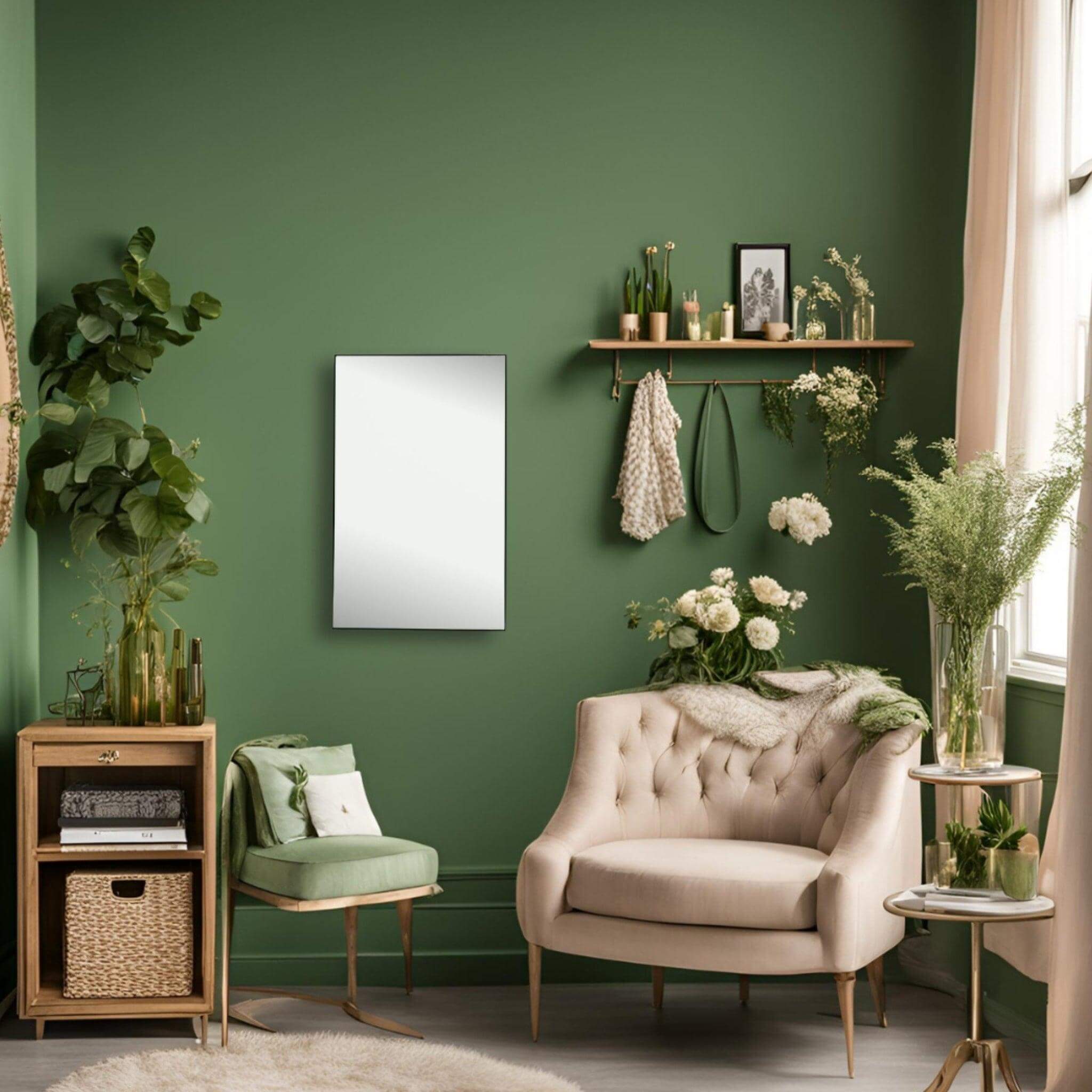 Medium metal framed mirror in a stylish green living room with plants and modern furniture.