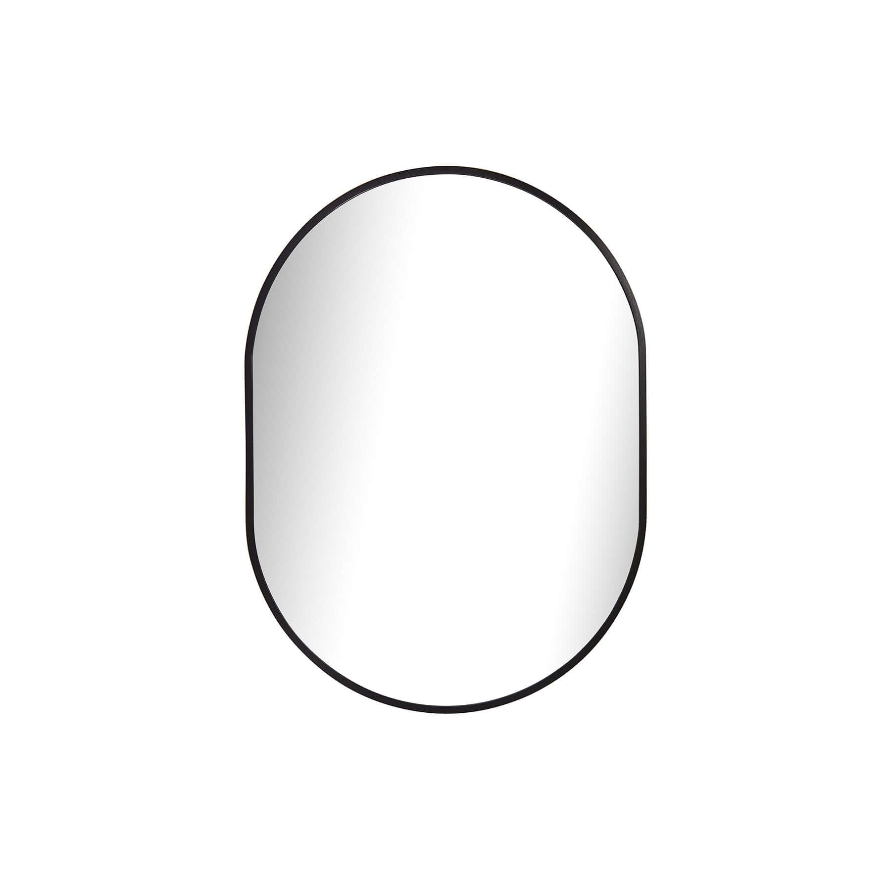 Oval aluminium mirror with a sleek black frame, showcasing modern minimalism in a contemporary design.