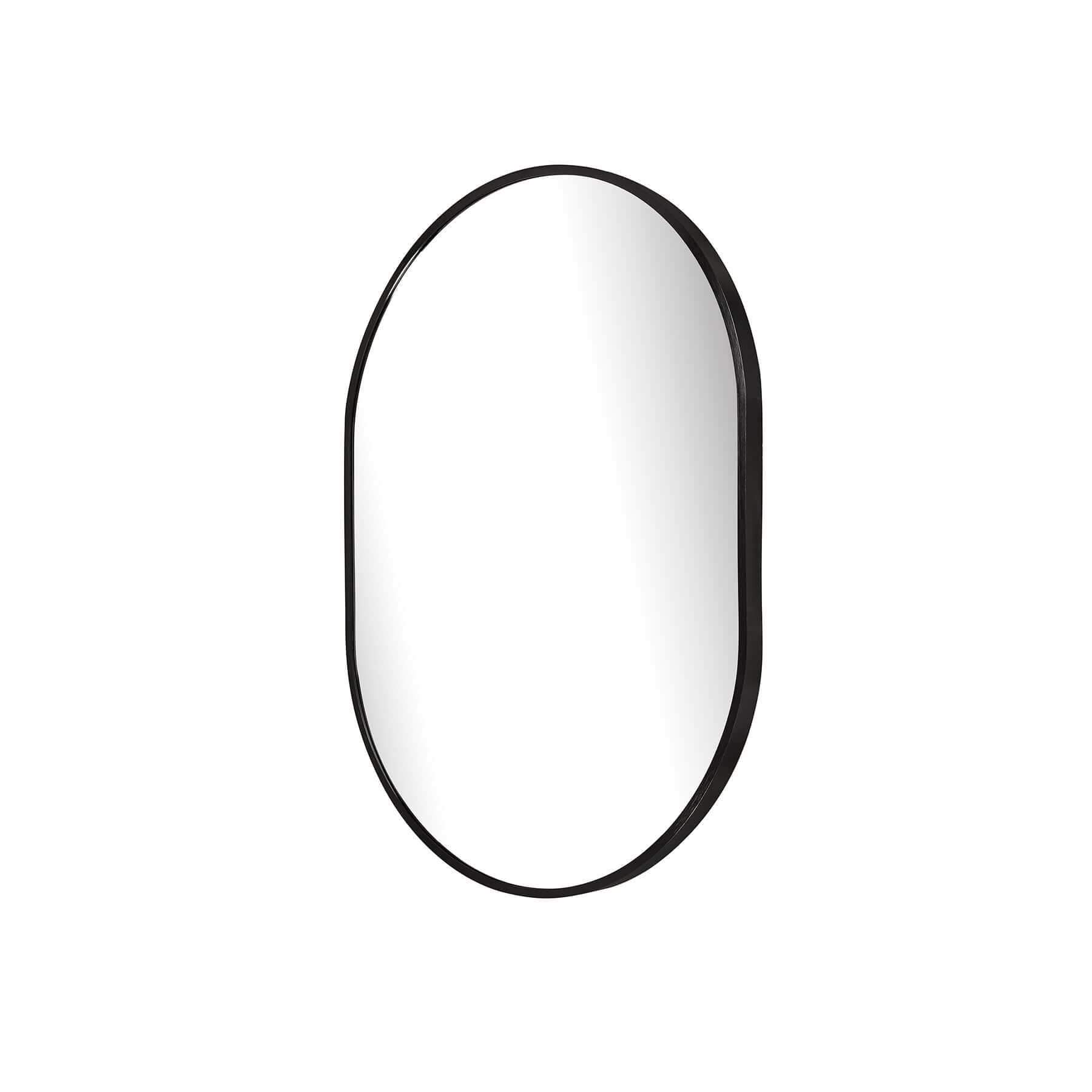 Oval Aluminium Mirror in sleek black frame for modern, minimalist decor.