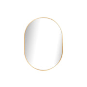 Small oval aluminium mirror with a minimalist gold frame, enhancing modern decor aesthetics.
