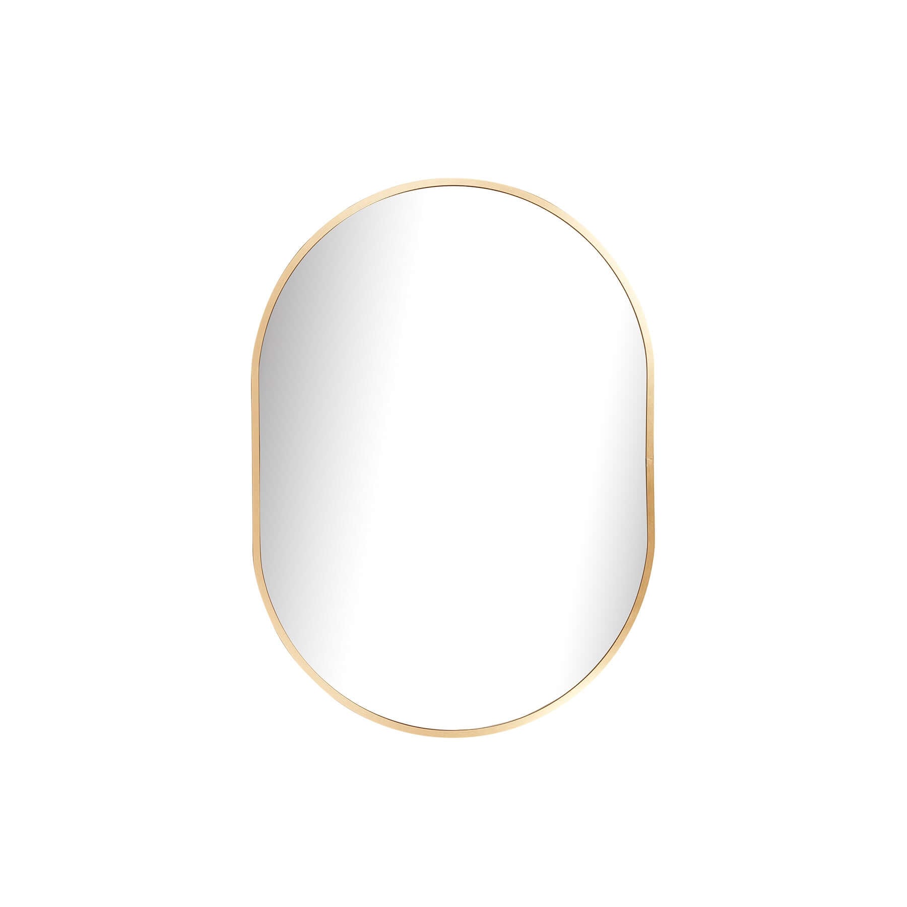 Small oval aluminium mirror with a minimalist gold frame, enhancing modern decor aesthetics.
