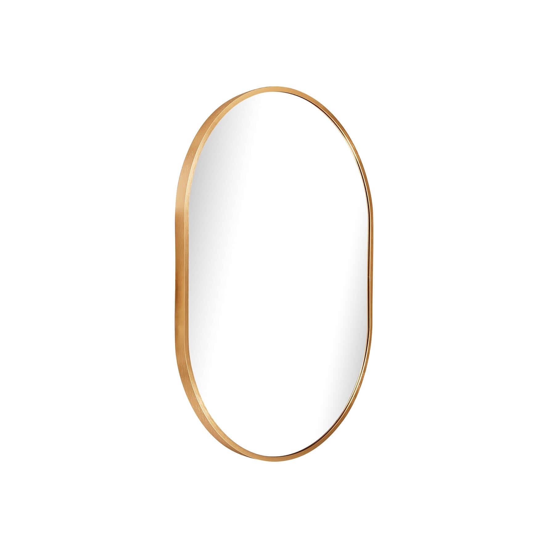 Small oval aluminium mirror with a sleek gold frame, showcasing modern minimalism and gentle curves.