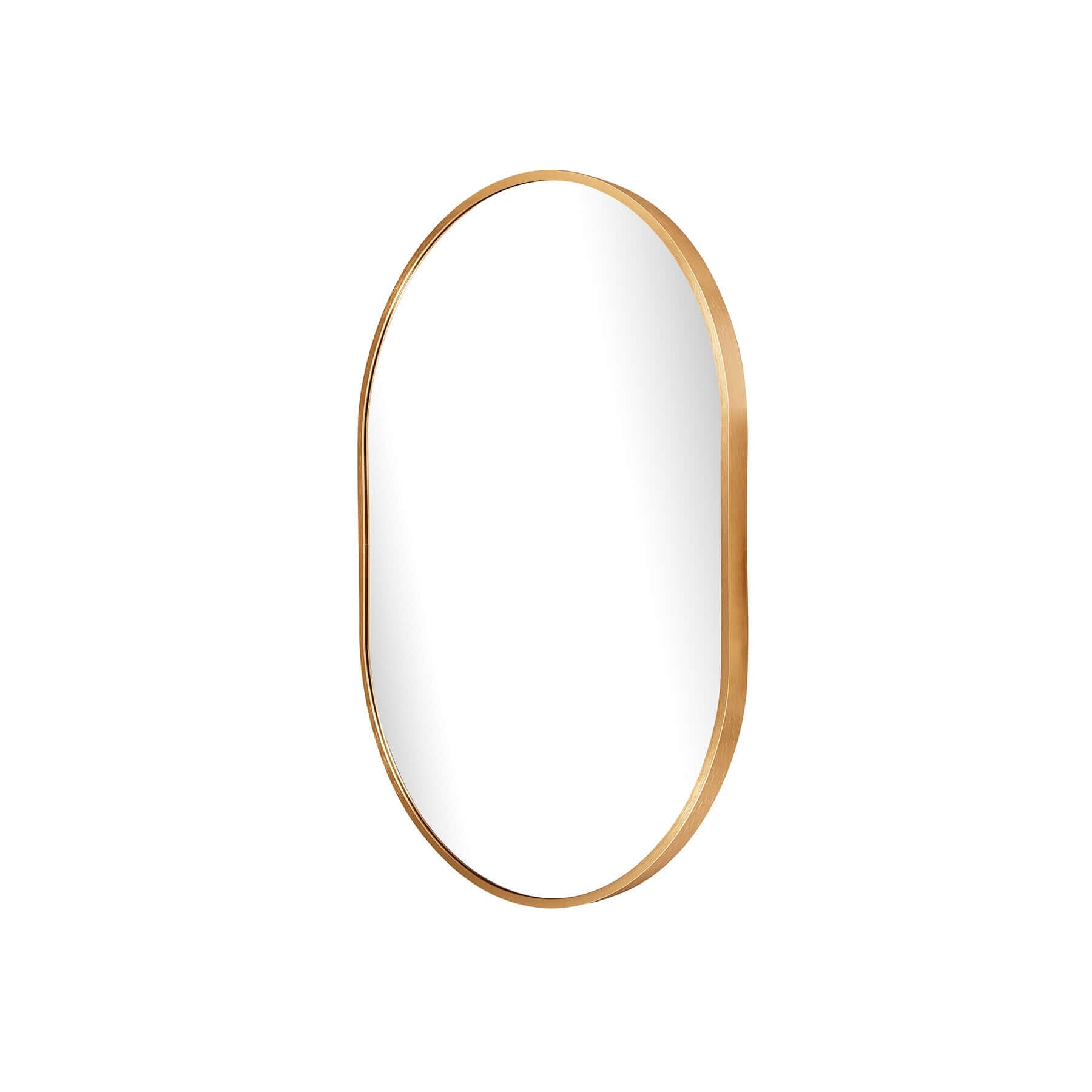 Small oval aluminium mirror with a sleek gold frame, perfect for modern minimalist interiors.