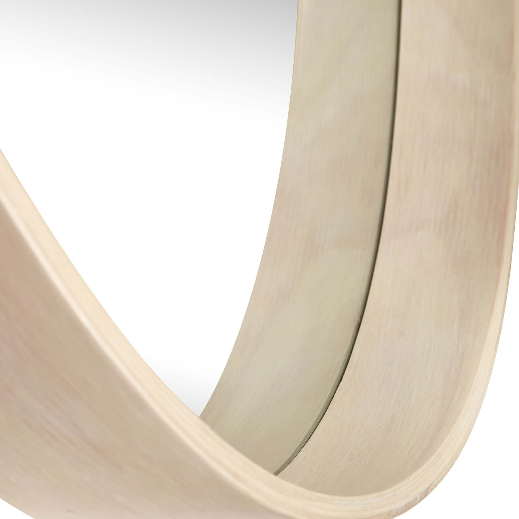 Close-up of the Round Stretched Mirror showcasing the elegant tapered rubber wood frame design.