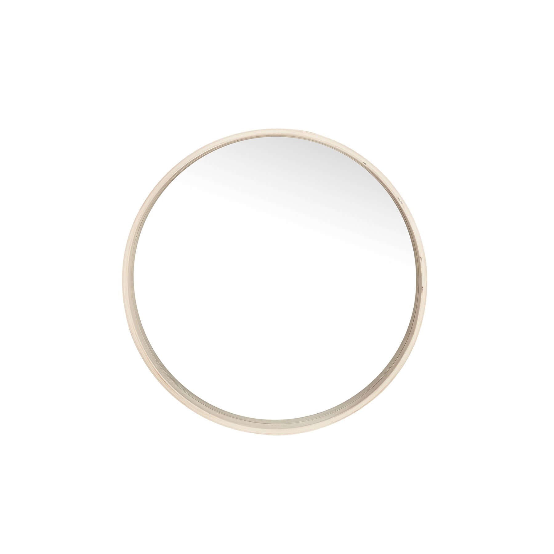 Round stretched mirror with a tapered rubber wood frame for elegant modern decor.