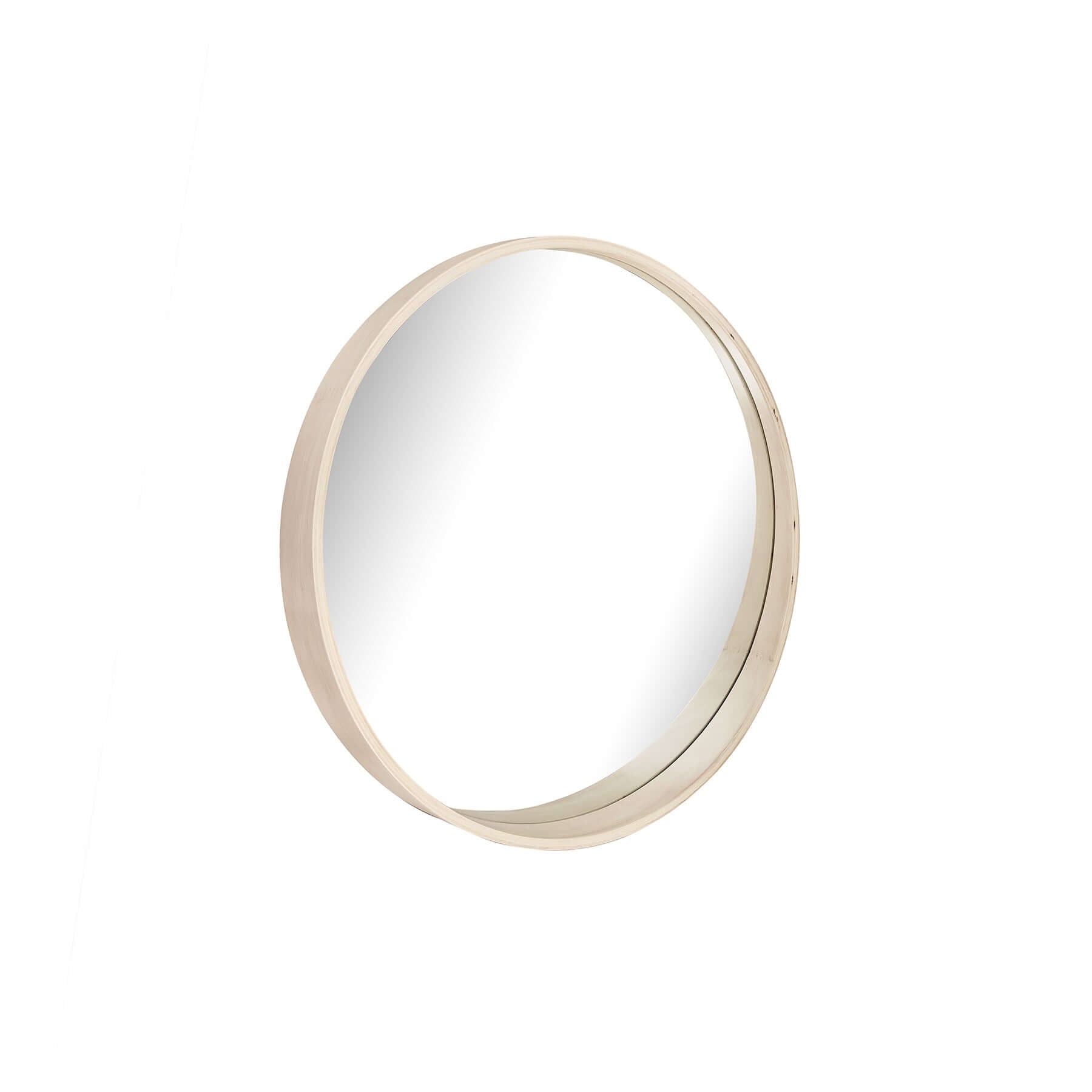 Round Stretched Mirror with a tapered rubber wood frame, perfect for modern or traditional decor.