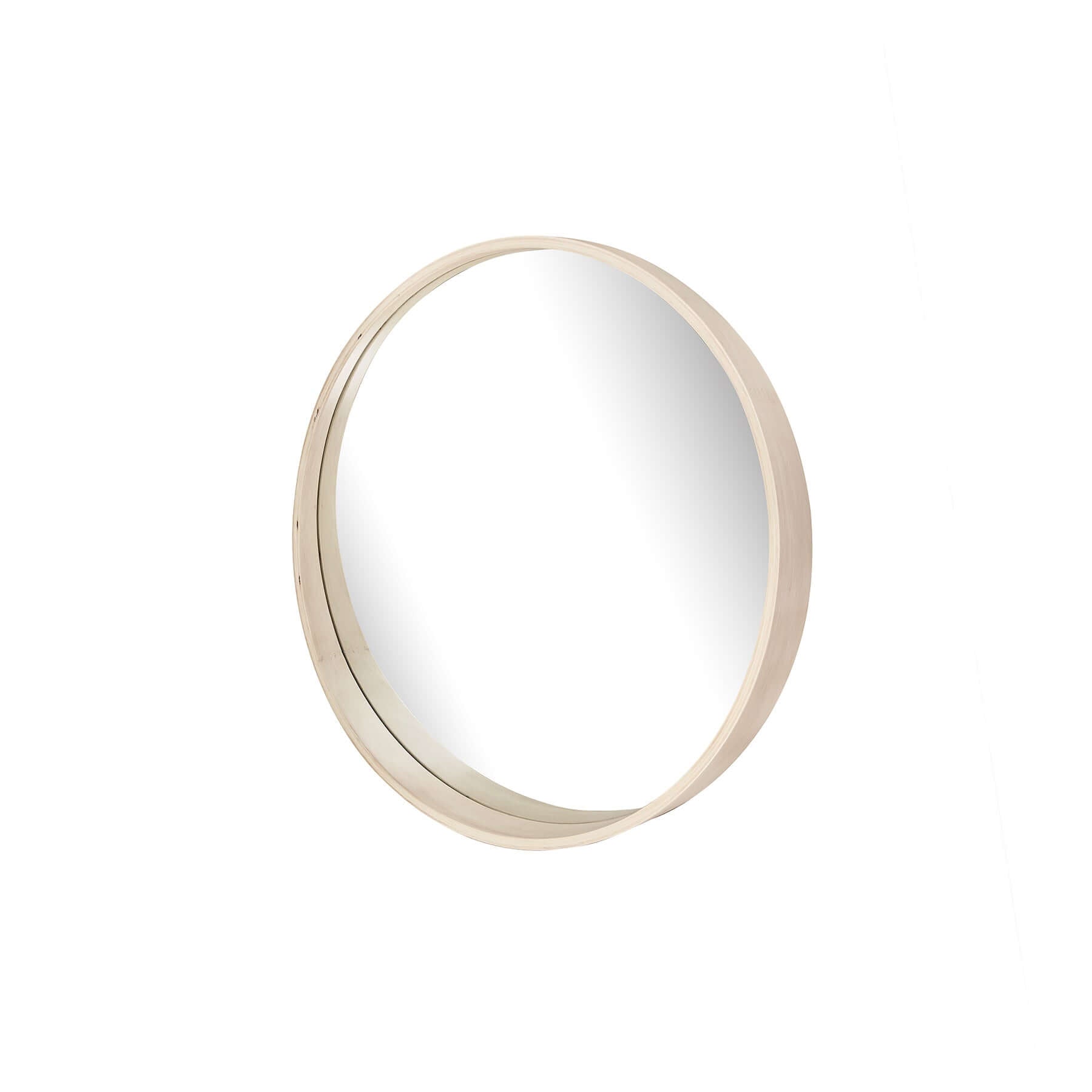 Round Stretched Mirror with rubber wood frame and unique tapered design, perfect for modern and traditional interiors.