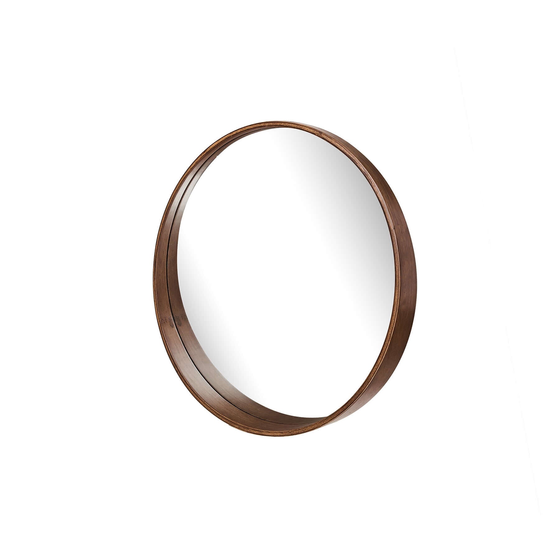 Round Stretched Mirror with a thick rubber wood frame, stylish tapering design for modern interiors.