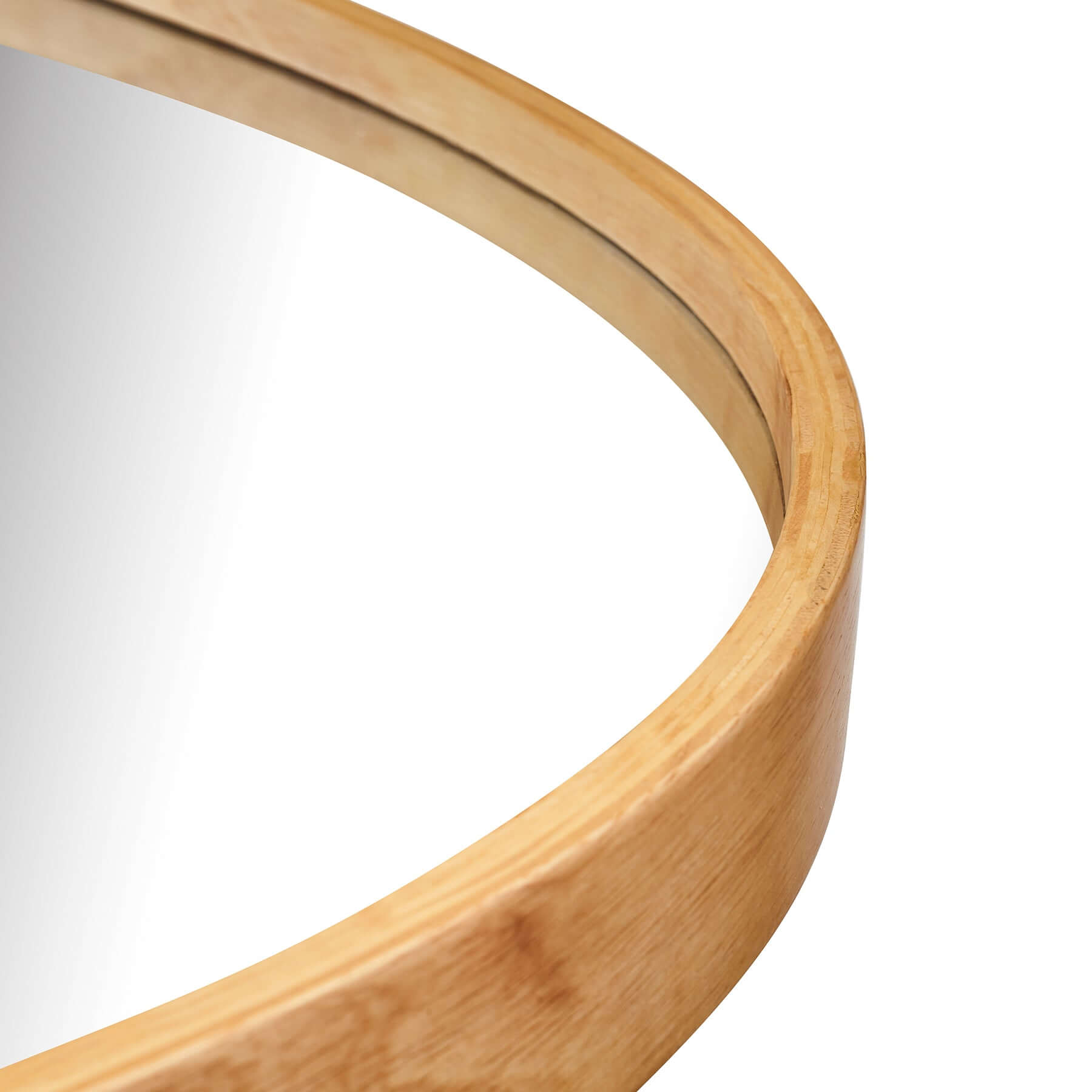 Close-up of Round 685 Mirror showcasing its natural rubber wood frame and recessed glass design.