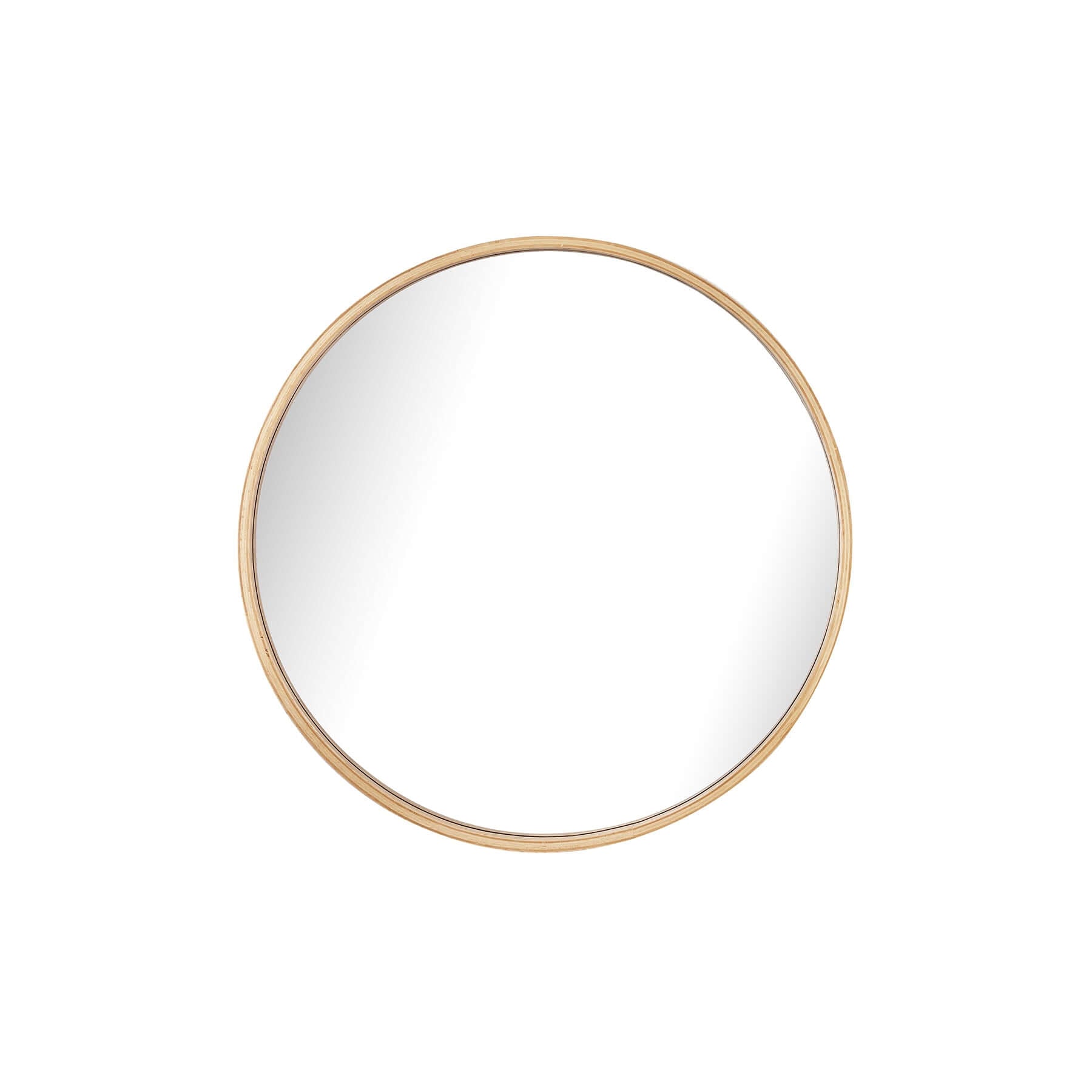 Round 685 Mirror with a thick rubber wood frame and recessed glass design, showcasing natural elegance and contemporary style.